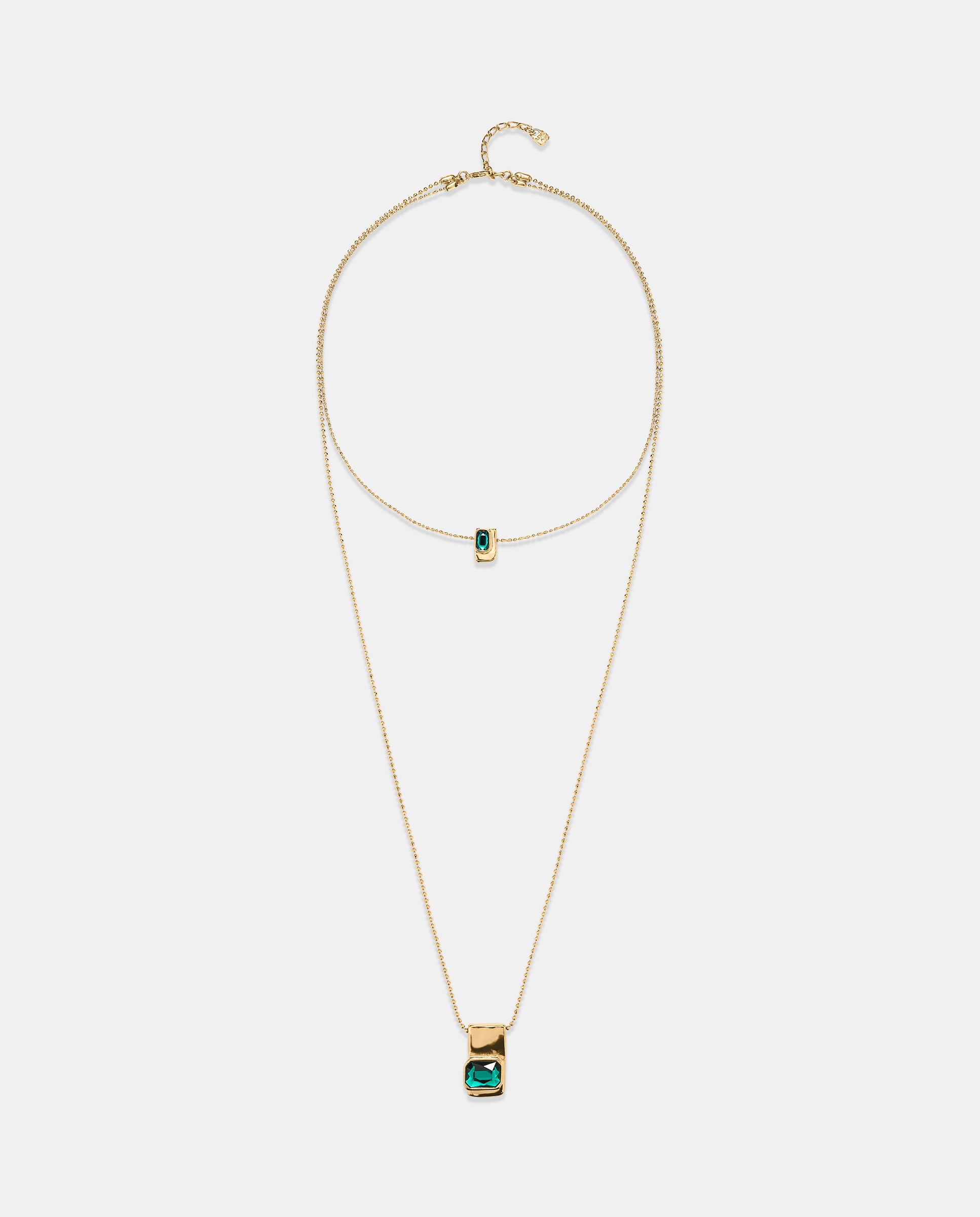 Cadena doble bañada en oro 18k con cristales verdes
