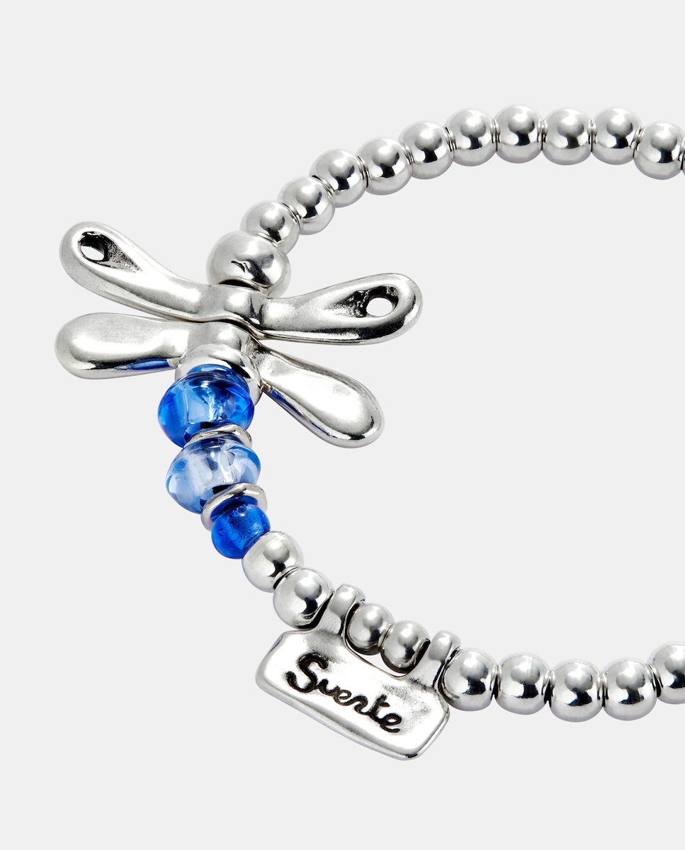 Pulsera elástica con libélula bañada en plata de ley Plata-4