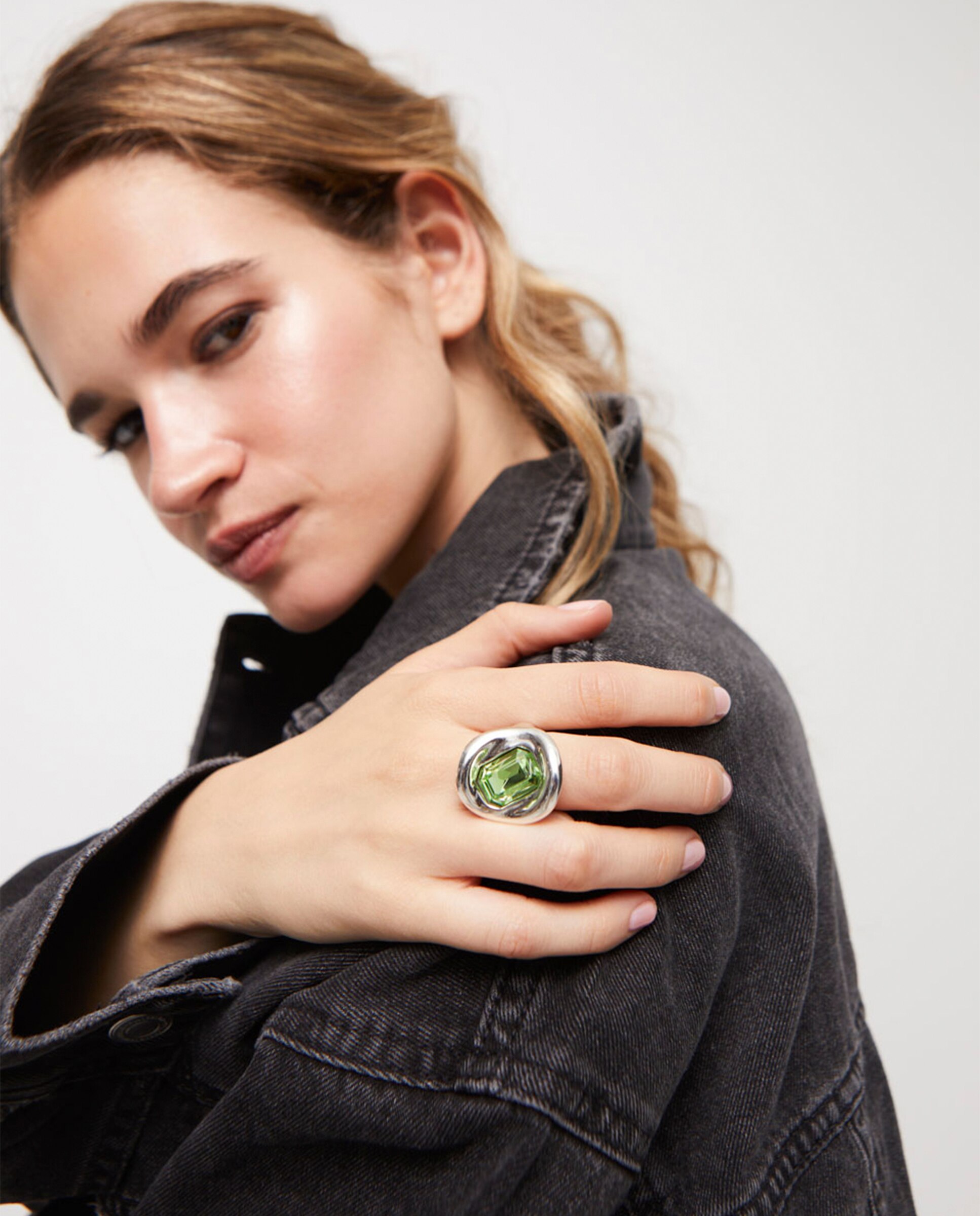 Anillo bañado en con cristal facetado verde claro - UNO de 50 - Plata Plata-3