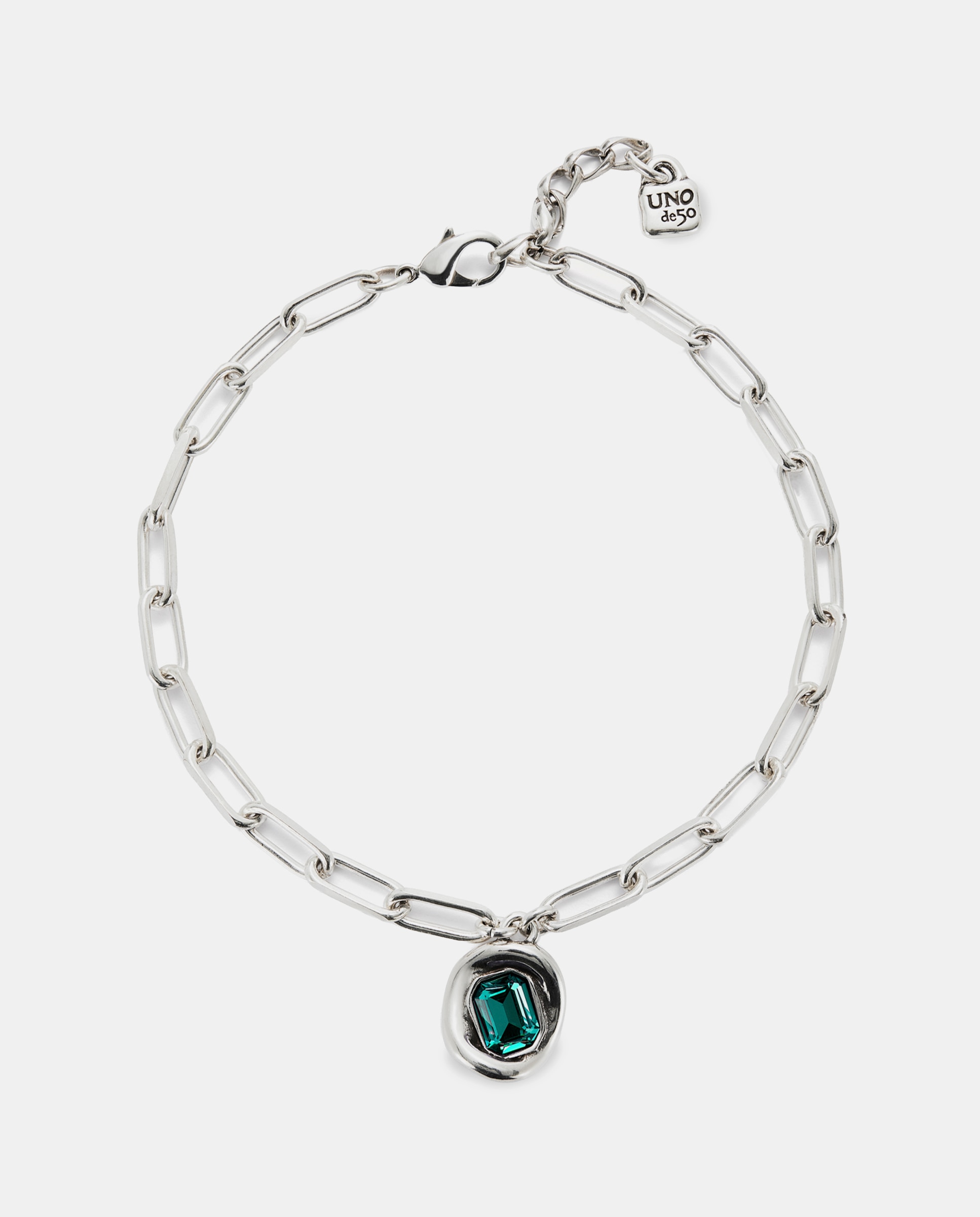 Collar bañado en con eslabones y cristal verde - UNO de 50 - Plata Plata-1