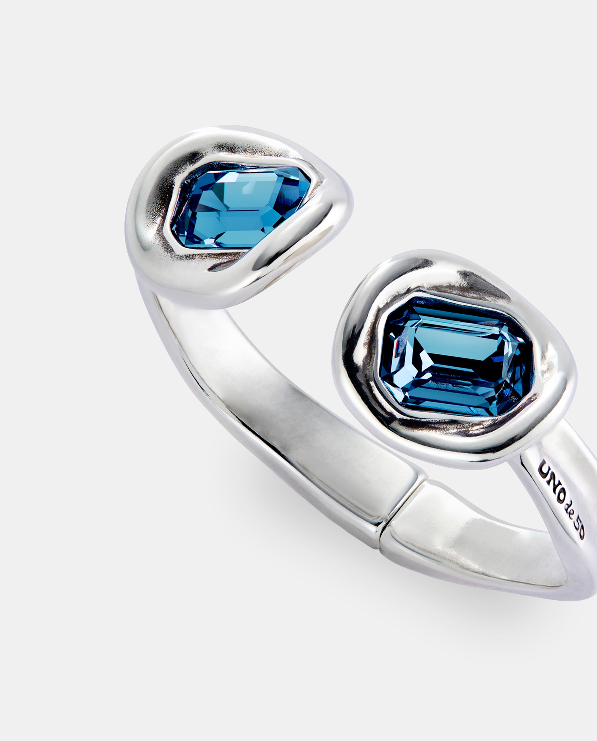 Pulsera rígida bañada en con dos cristales facetados azul oscuro - UNO de 50 - Plata Plata-3