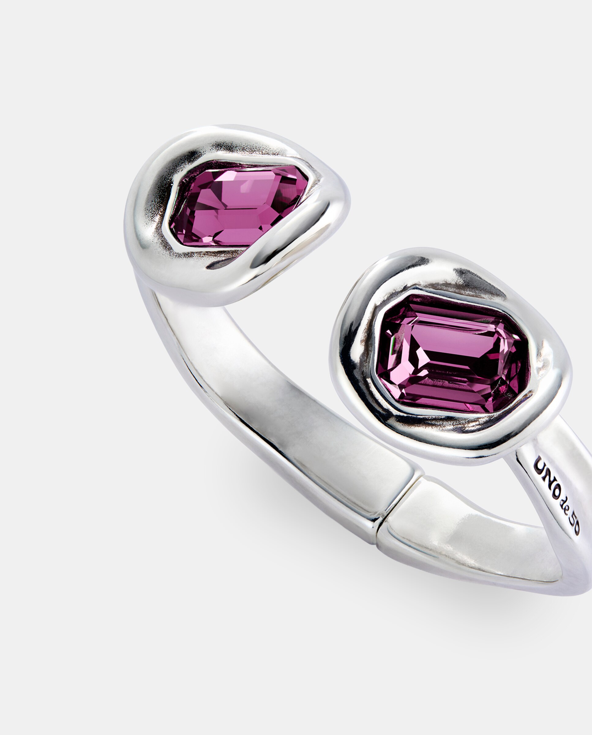 Pulsera rígida bañada en con dos cristales facetados rosas - UNO de 50 - Plata Plata-3