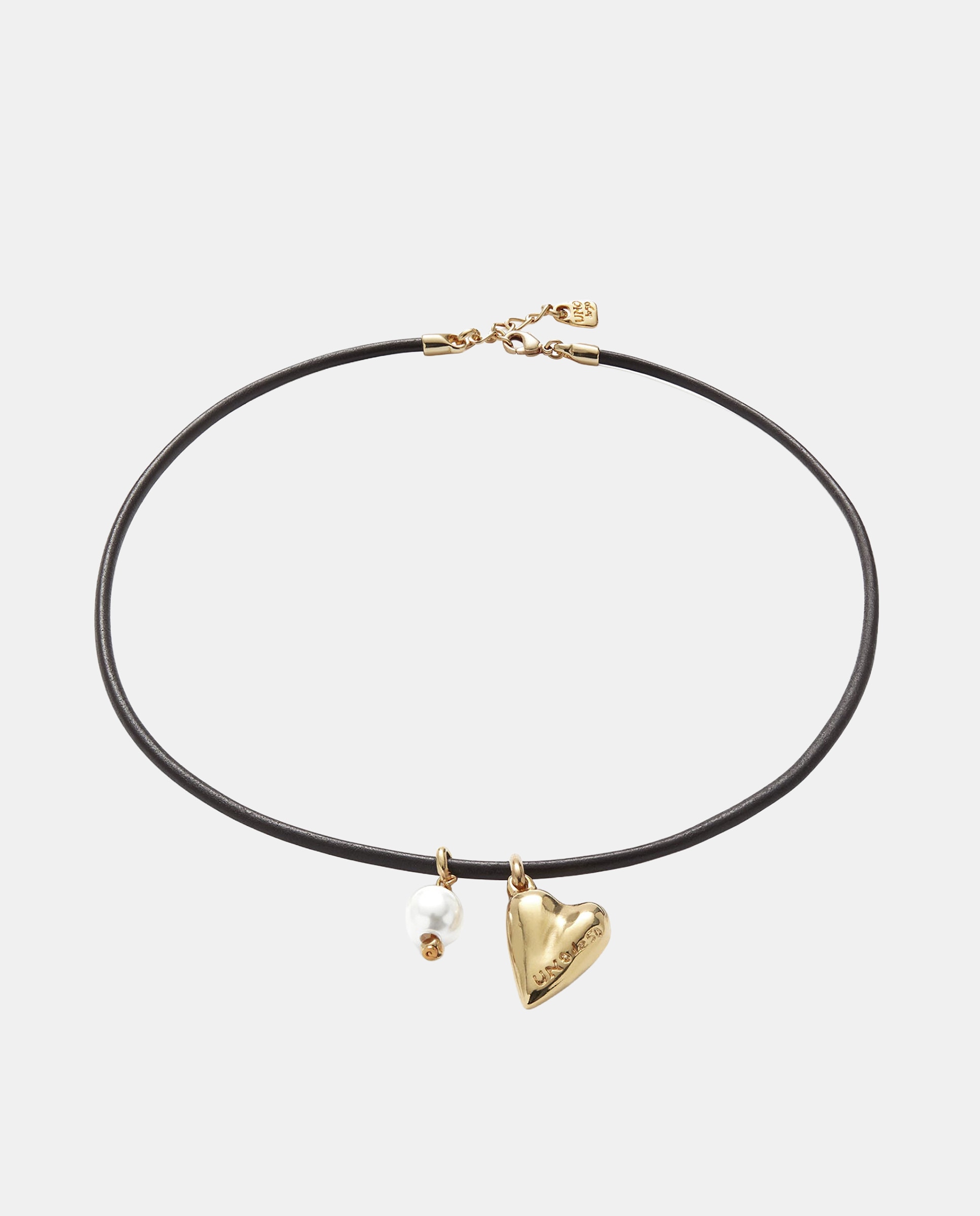 Collar de cuero con charms de perla y corazón con aleación de metales bañado en oro 18k - UNO de 50 - Marrón Marrón-1