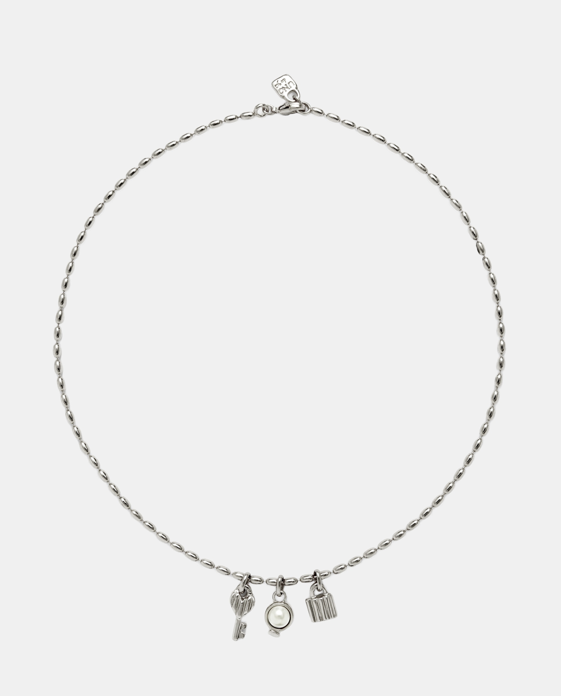 Imagen 1 de Collar de cadena con charm llave, candado y perla de aleación de metales bañado en plata de ley Azul Turquesa