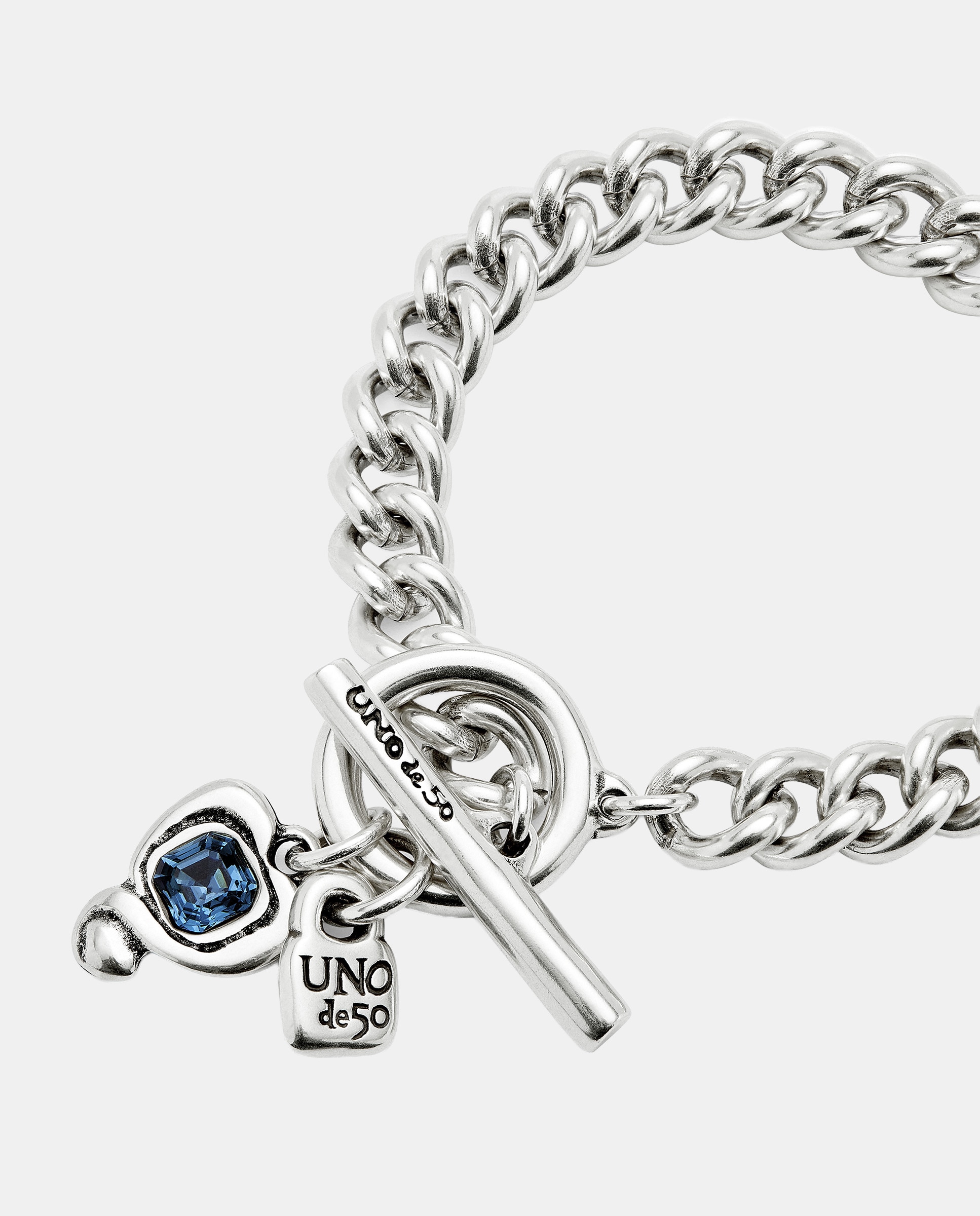Pulsera de cadena de aleación de metales bañada en plata de ley con cierre de corazon y cristal - UNO de 50 - Verde Verde-3