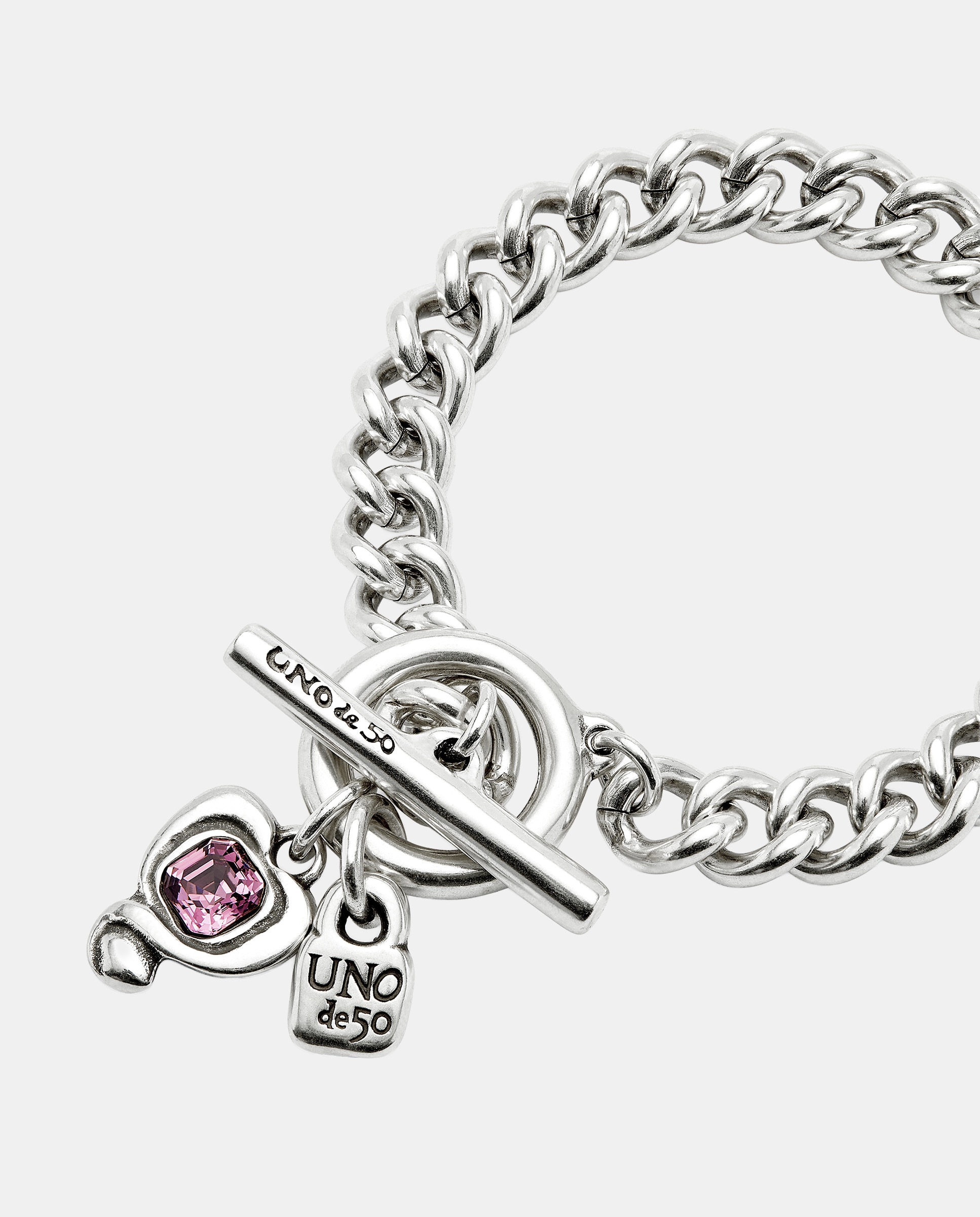 Pulsera de cadena de aleación de metales bañada en plata de ley con cierre de corazon y cristal - UNO de 50 - Blanco Blanco-3