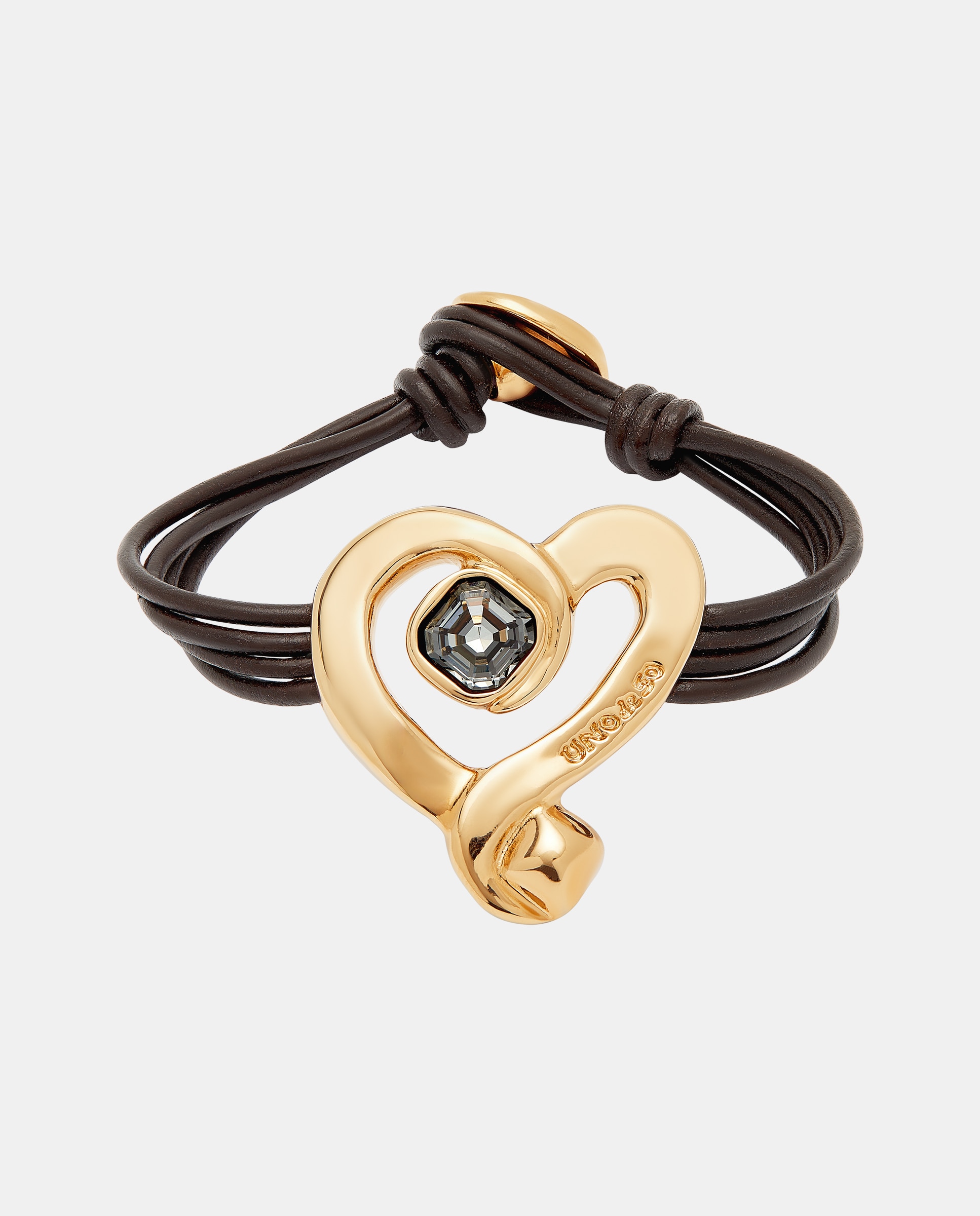 Imagen 1 de Pulsera de cuero con corazón bañado en oro 18k con cristal negro Oro