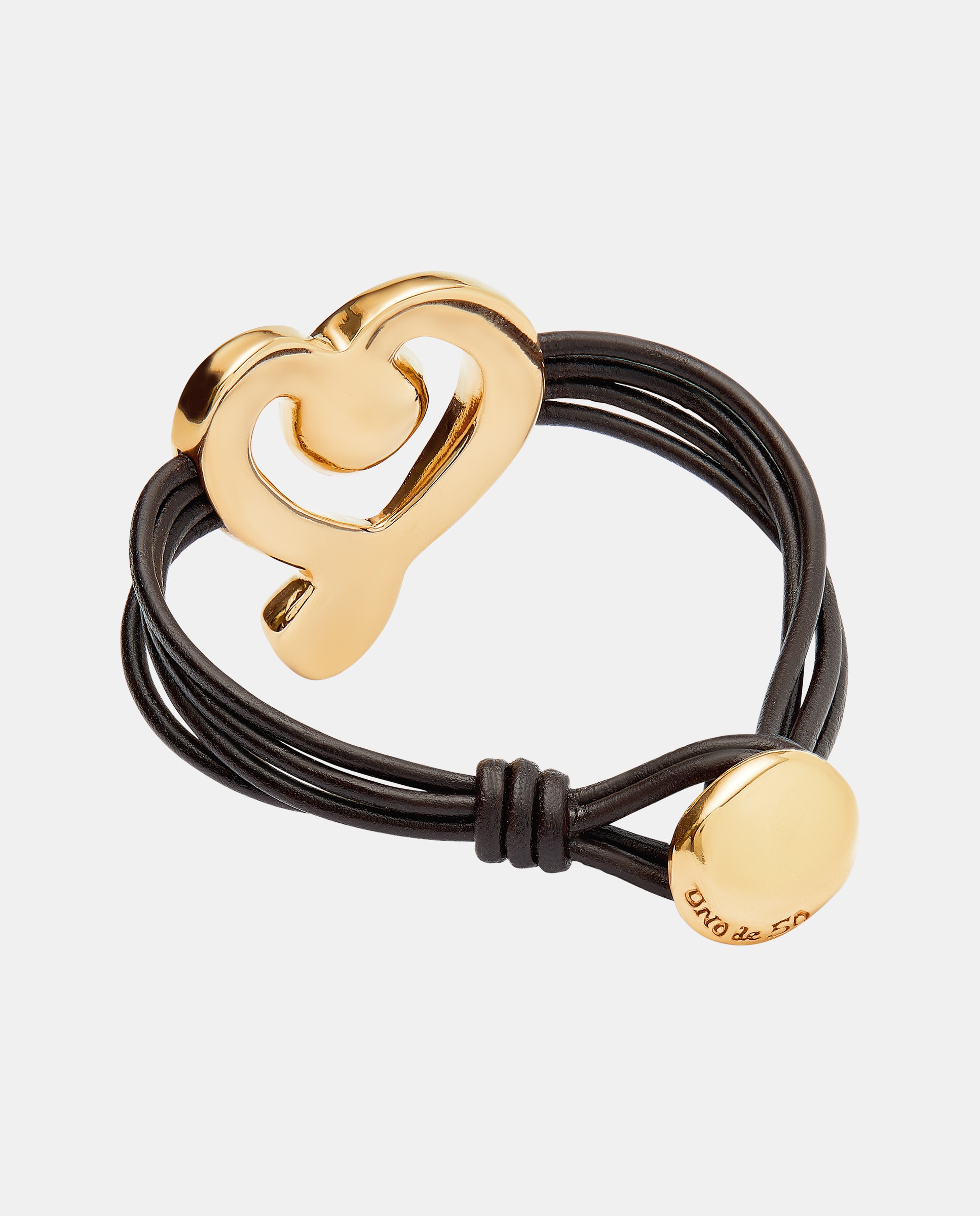 Imagen 3 de Pulsera de cuero con corazón bañado en oro 18k con cristal negro - UNO de 50 - Oro Oro
