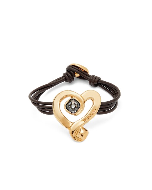 Imagen 0 de Pulsera de cuero con corazón bañado en oro 18k con cristal negro