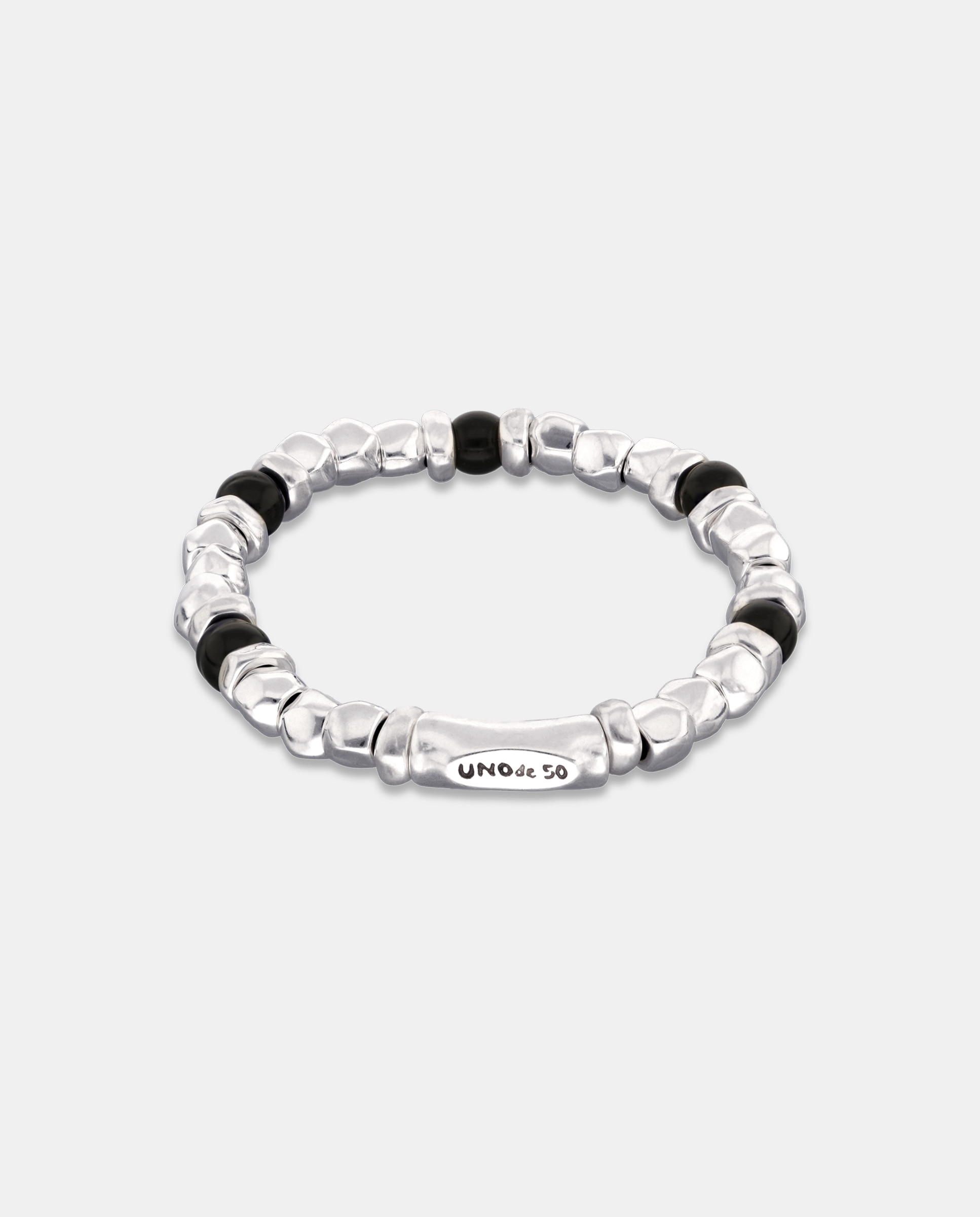 Pulsera elástica de cuentas bañada en plata de ley y cristal de murano negro - UNO de 50 - Plata Plata-3
