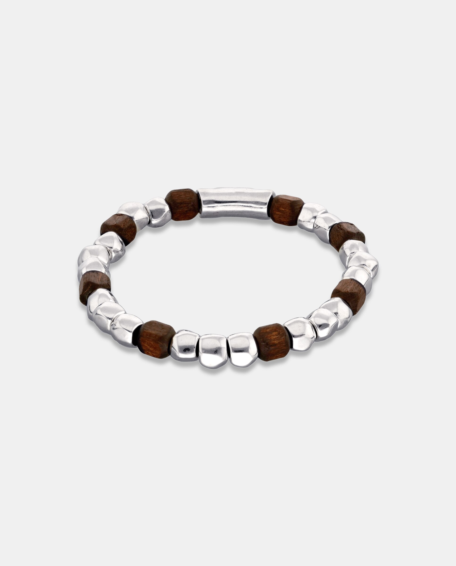 Imagen 0 de Pulsera elástica de cuentas bañada en plata de ley y cuentas en madera Plata