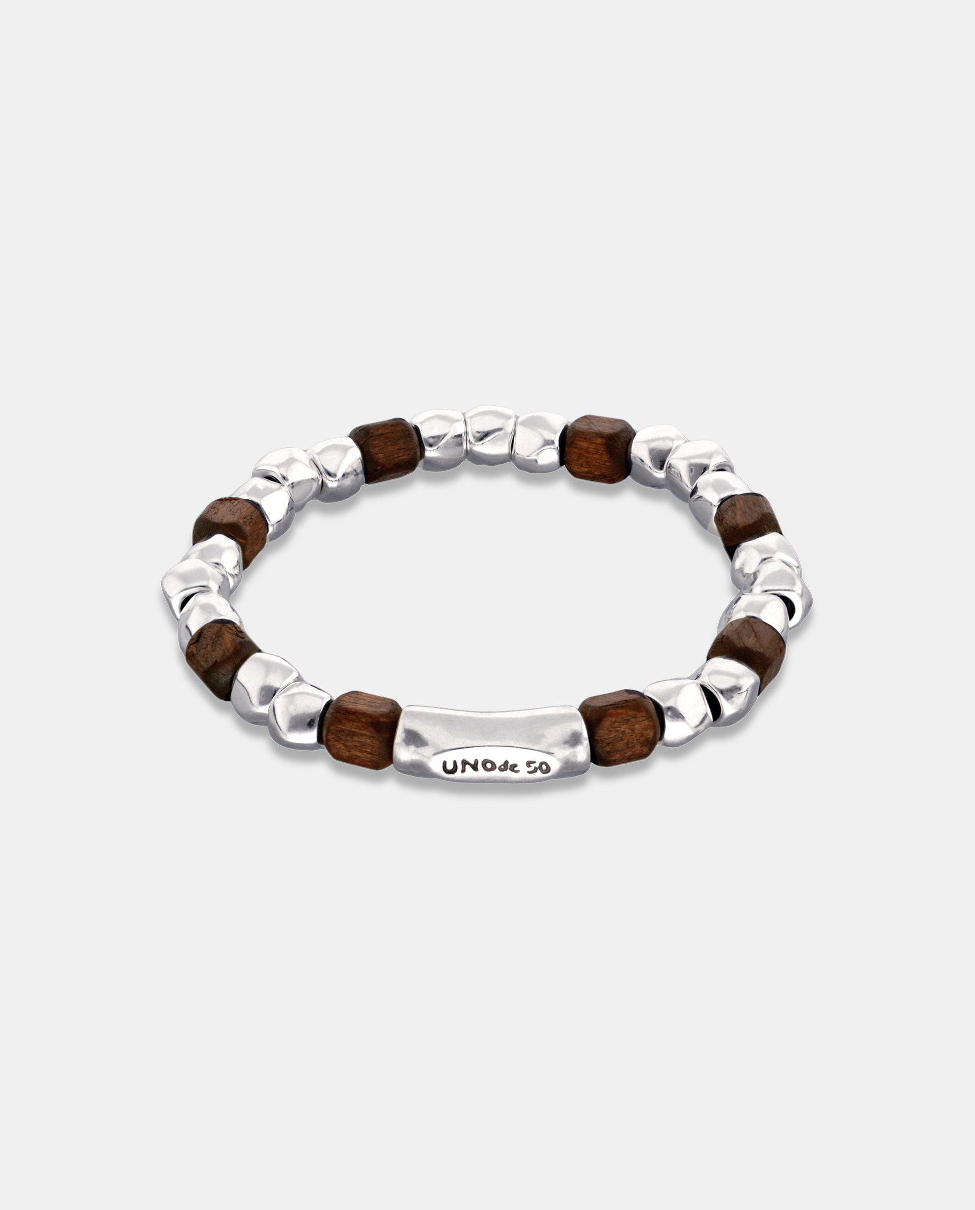 Pulsera elástica de cuentas bañada en plata de ley y cuentas en madera - UNO de 50 - Plata Plata-3