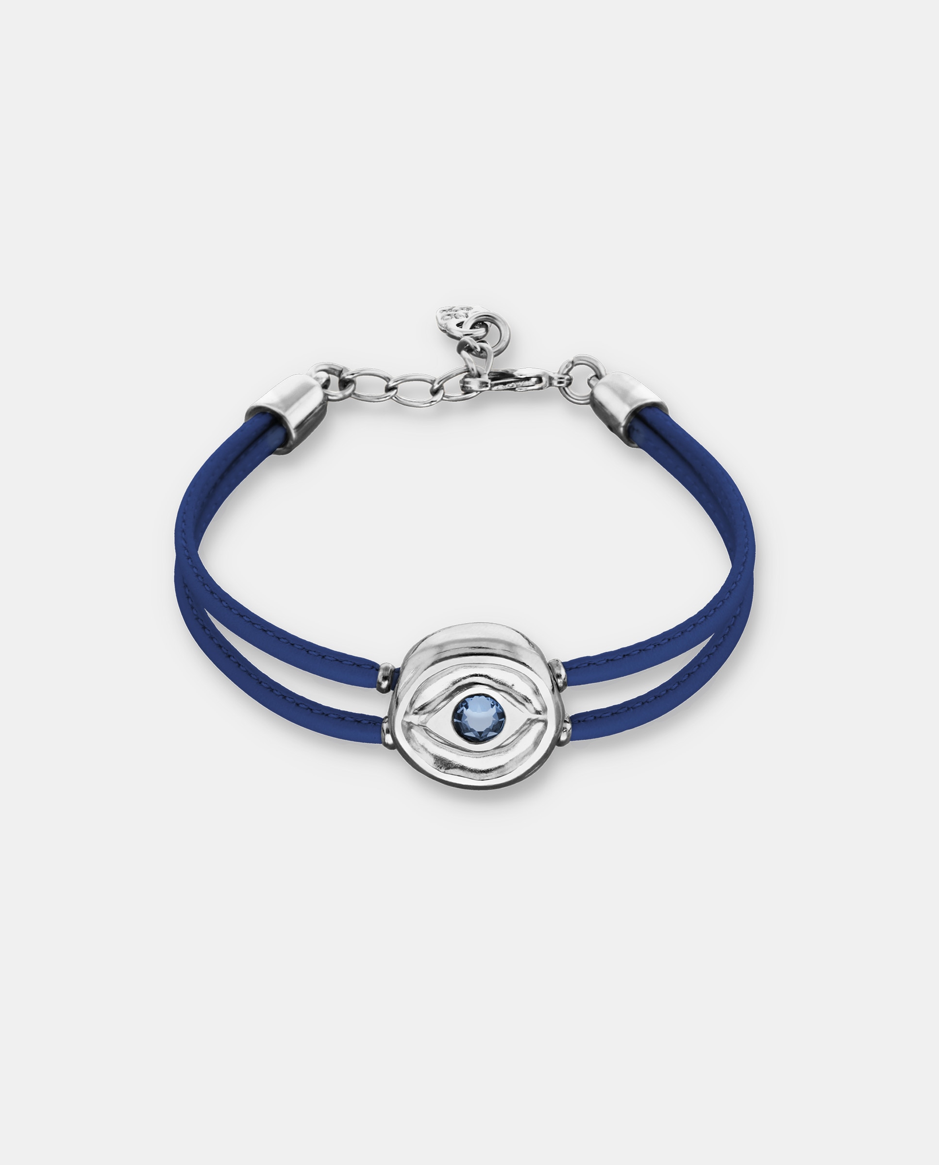 Pulsera de cuero doble oscuro con detalle de ojo bañado en y cristal - UNO de 50 - Plata Plata-1