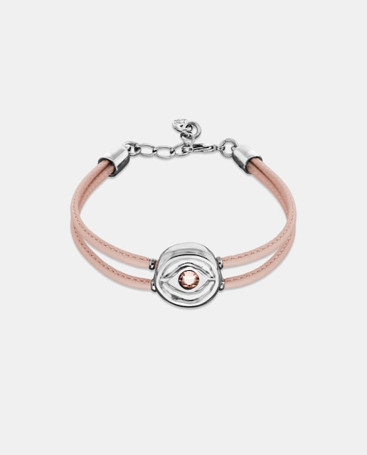 Imagen 0 de Pulsera de cuero rosa claro con detalle de ojo bañado en plata y cristal