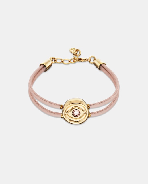 Imagen 0 de Pulsera de cuero rosa claro con detalle de ojo bañado en oro 18k y cristal