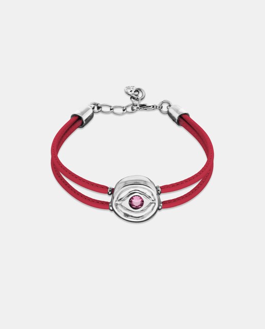 Imagen 0 de Pulsera de cuero rosa oscuro con detalle de ojo bañado en plata y cristal