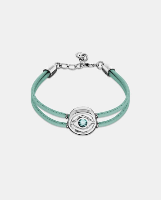 Imagen 0 de Pulsera de cuero doble turquesa con detalle de ojo bañado en plata y cristal