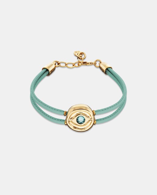 Imagen 0 de Pulsera de cuero doble turquesa con detalle de ojo bañado en oro 18k y cristal