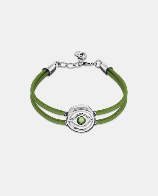 Imagen 0 de Pulsera de cuero doble verde con detalle de ojo en plata y cristal