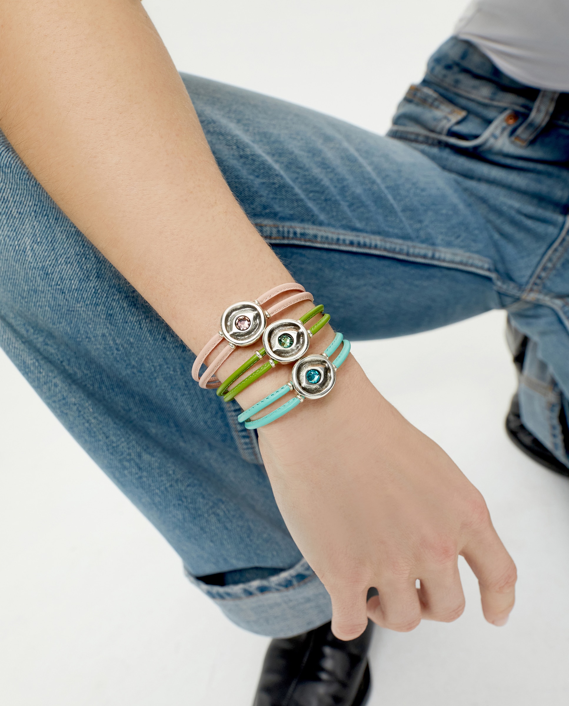Pulsera de cuero doble con detalle de ojo en plata y cristal - UNO de 50 - Plata Plata-6
