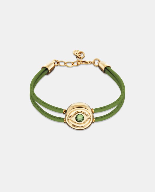 Imagen 0 de Pulsera de cuero doble verde con detalle de ojo en oro 18k y cristal