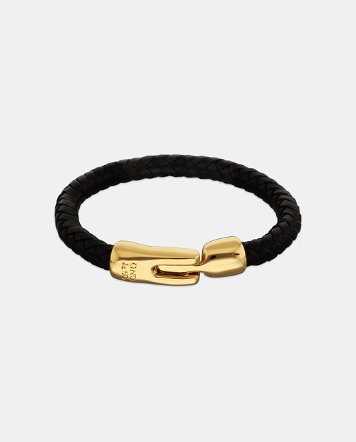 Imagen 0 de Pulsera de cuero trenzada negro con cierre en oro 18k