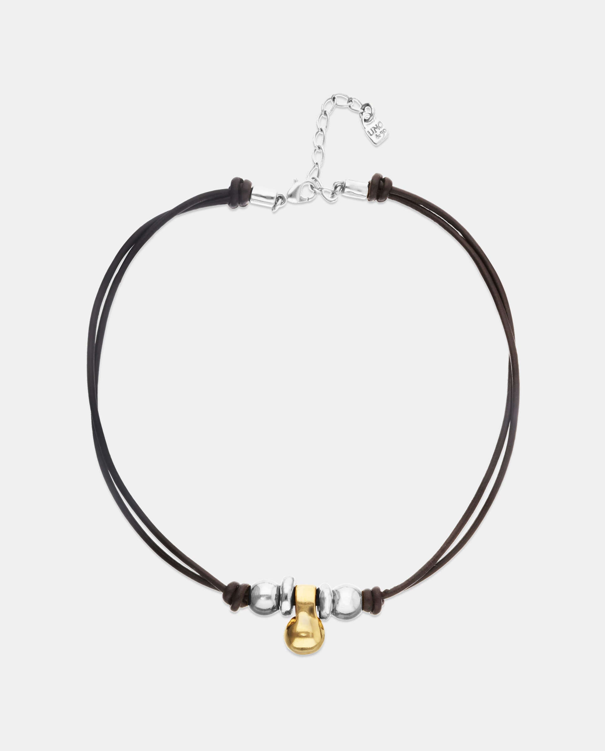 Collar de cuero con tres esferas bañadas en mix de plata y oro 18k - UNO de 50 - Plata Plata-1