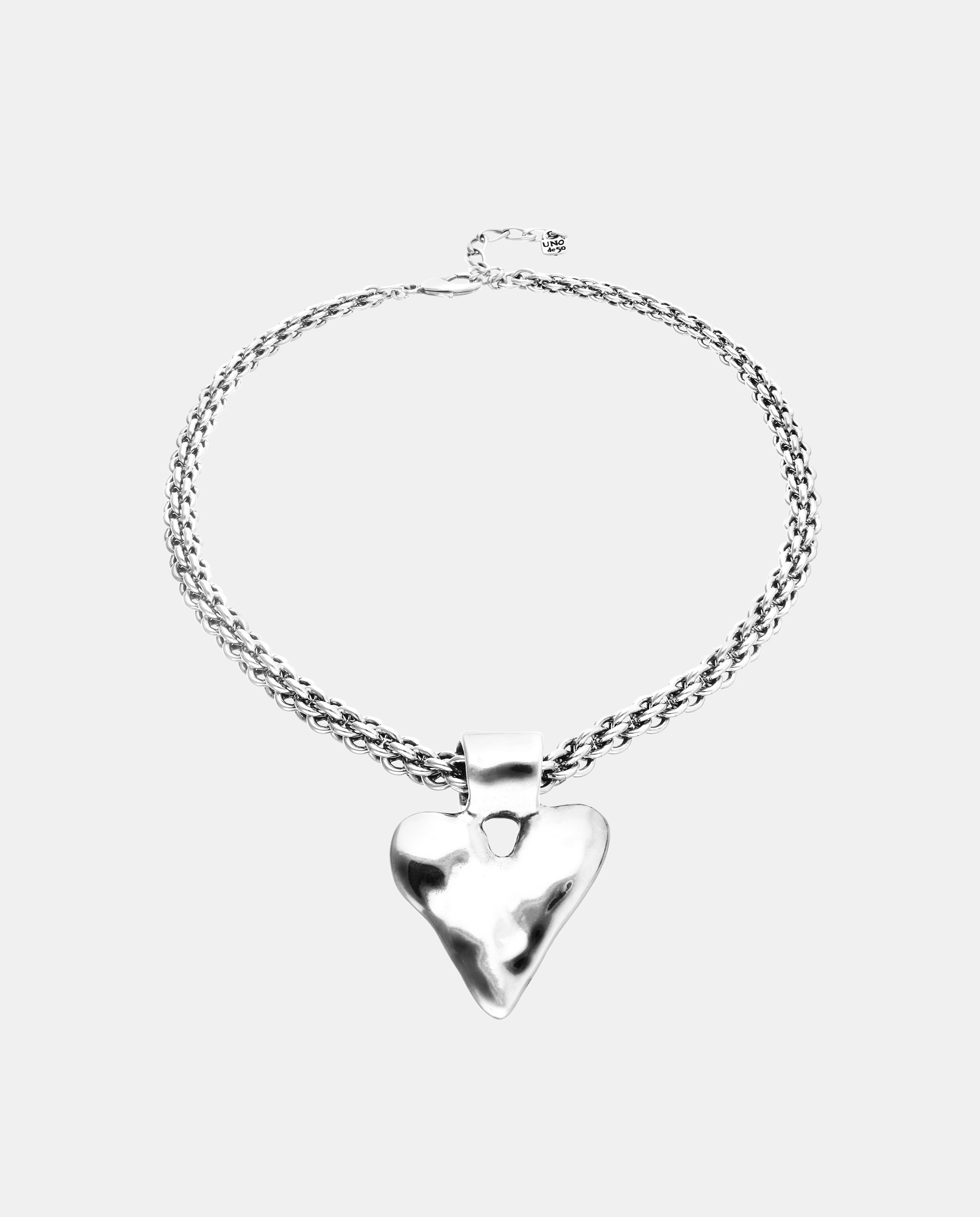 Collar con cadena gruesa y detalle de corazón bañados en de ley - UNO de 50 - Plata Plata-3