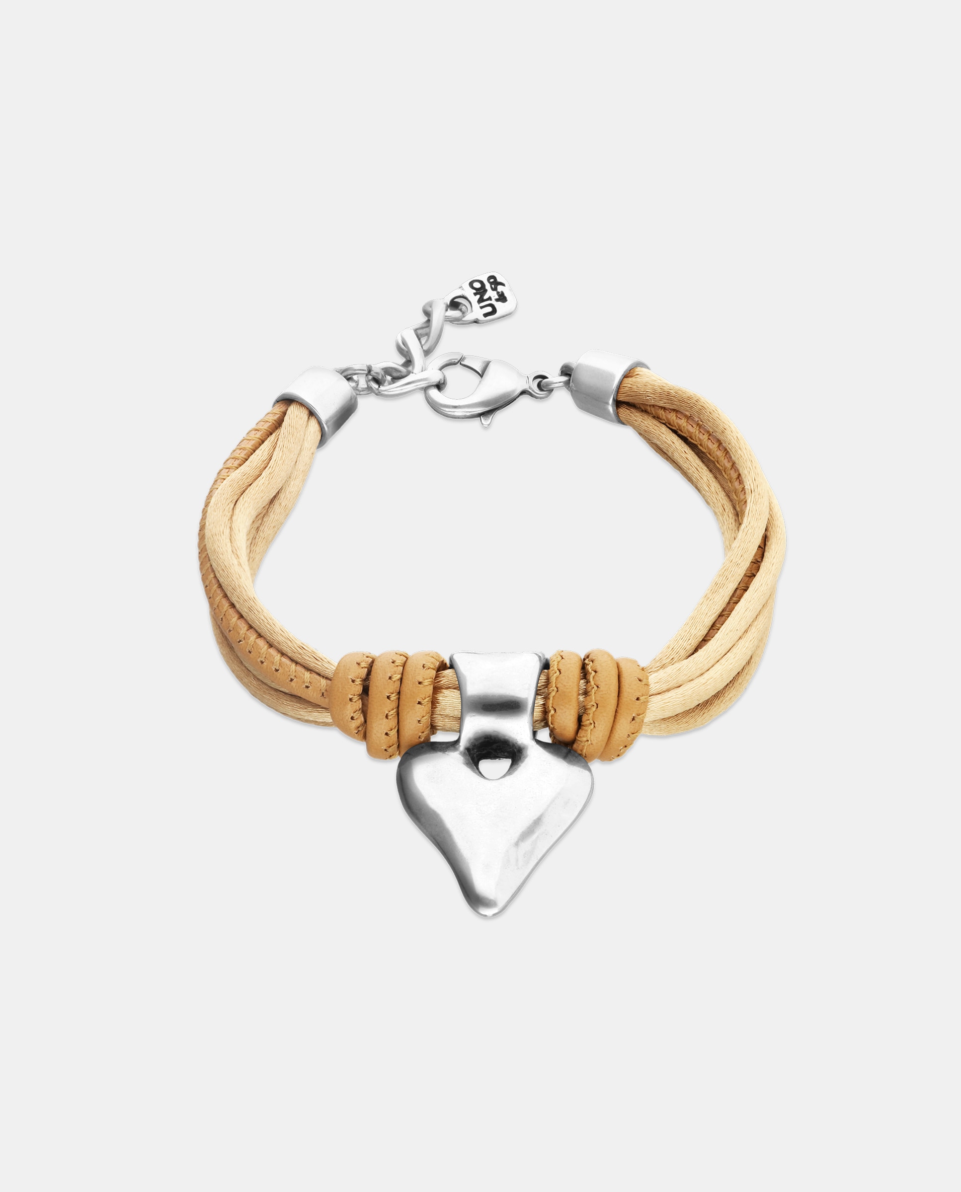 Pulsera mezcla de hilo efecto seda con cuero beige y detalle de corazón plateado - UNO de 50 - Plata Plata-1