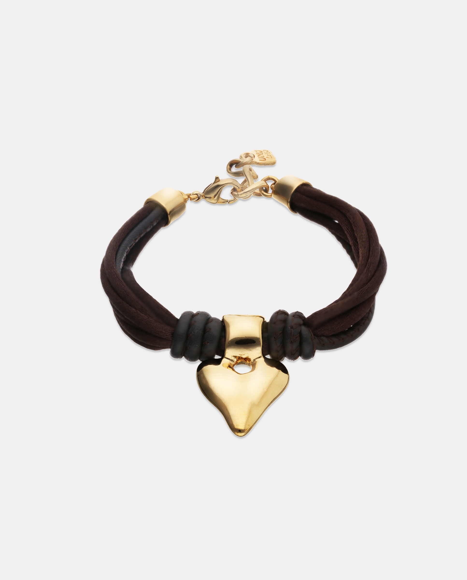 Pulsera mezcla de hilo efecto seda con cuero beige y detalle de corazón - UNO de 50 - Oro Oro-1