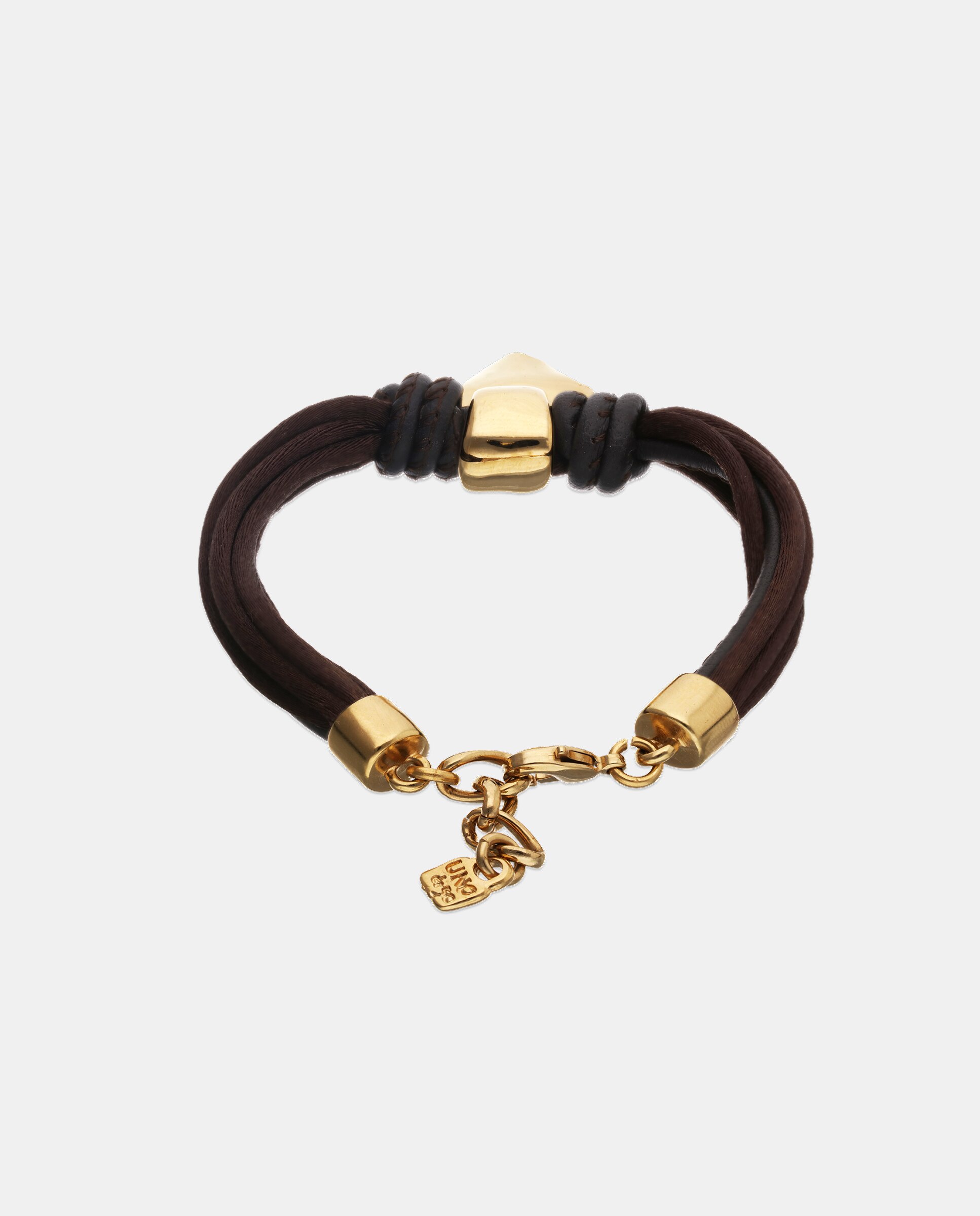 Pulsera mezcla de hilo efecto seda con cuero beige y detalle de corazón - UNO de 50 - Oro Oro-3