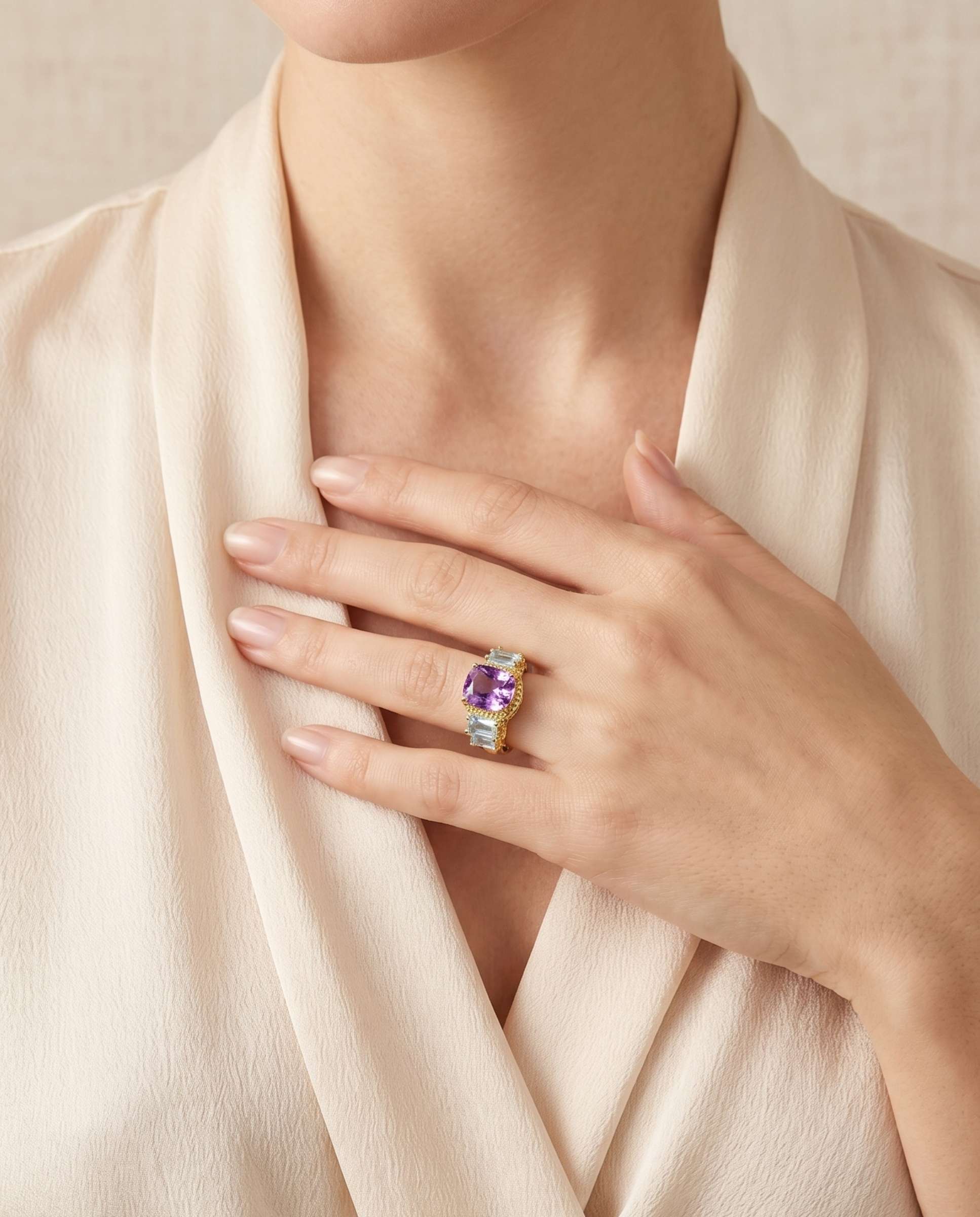 Anillo cushion amatista y topacios - Yanes - Morado Morado-2