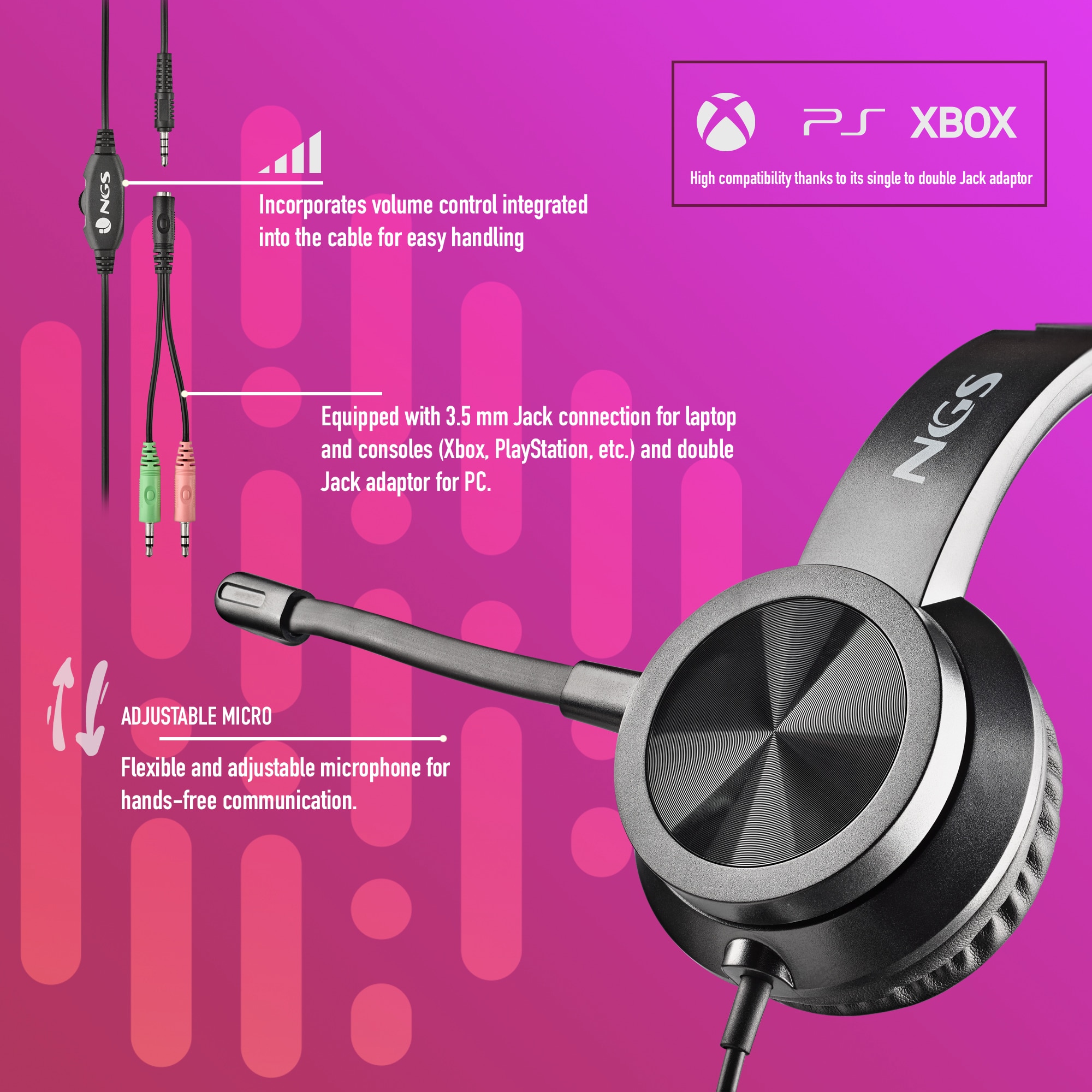 Auricular Stereo NGS MSX 11 Pro con Micrófono Ajustable y Conexión Jack 3.5mm + Adaptador Doble Jack - Negro Negro-4