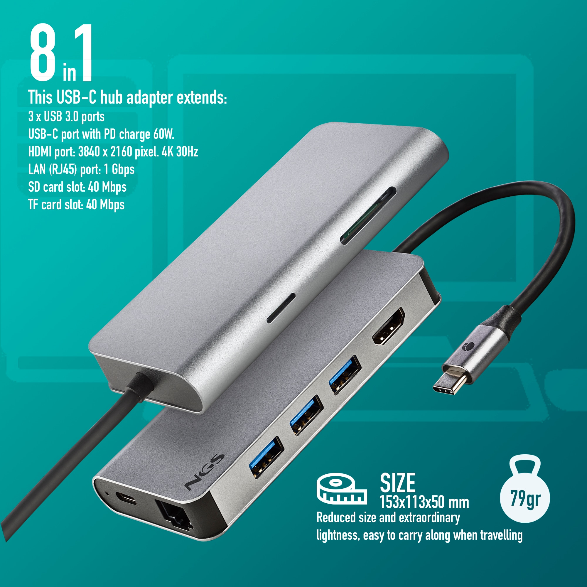 Hub Adaptador Tipo C multipuerto NGS 8 en 1 - Gris Gris-4