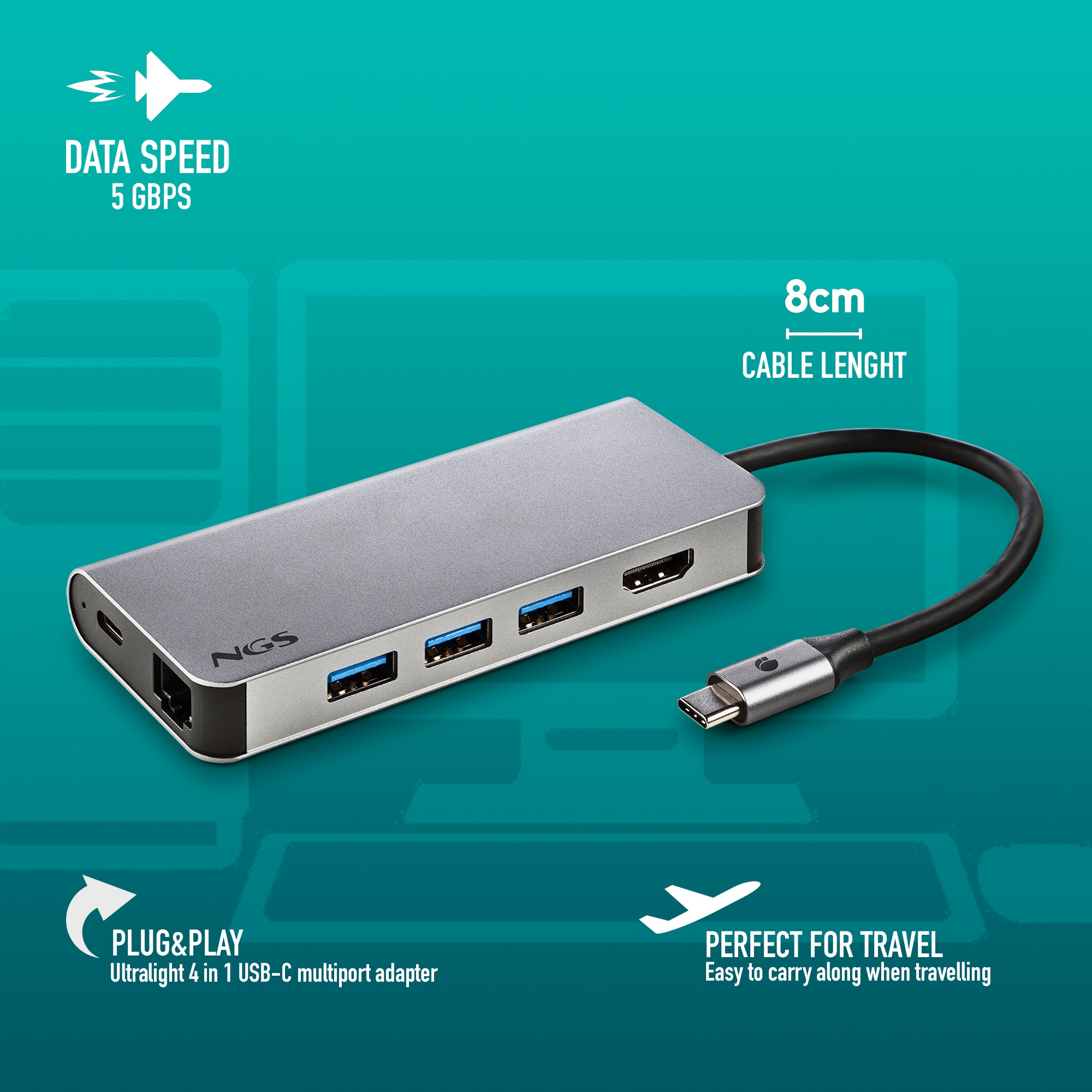 Hub Adaptador Tipo C multipuerto NGS 8 en 1 - Gris Gris-6