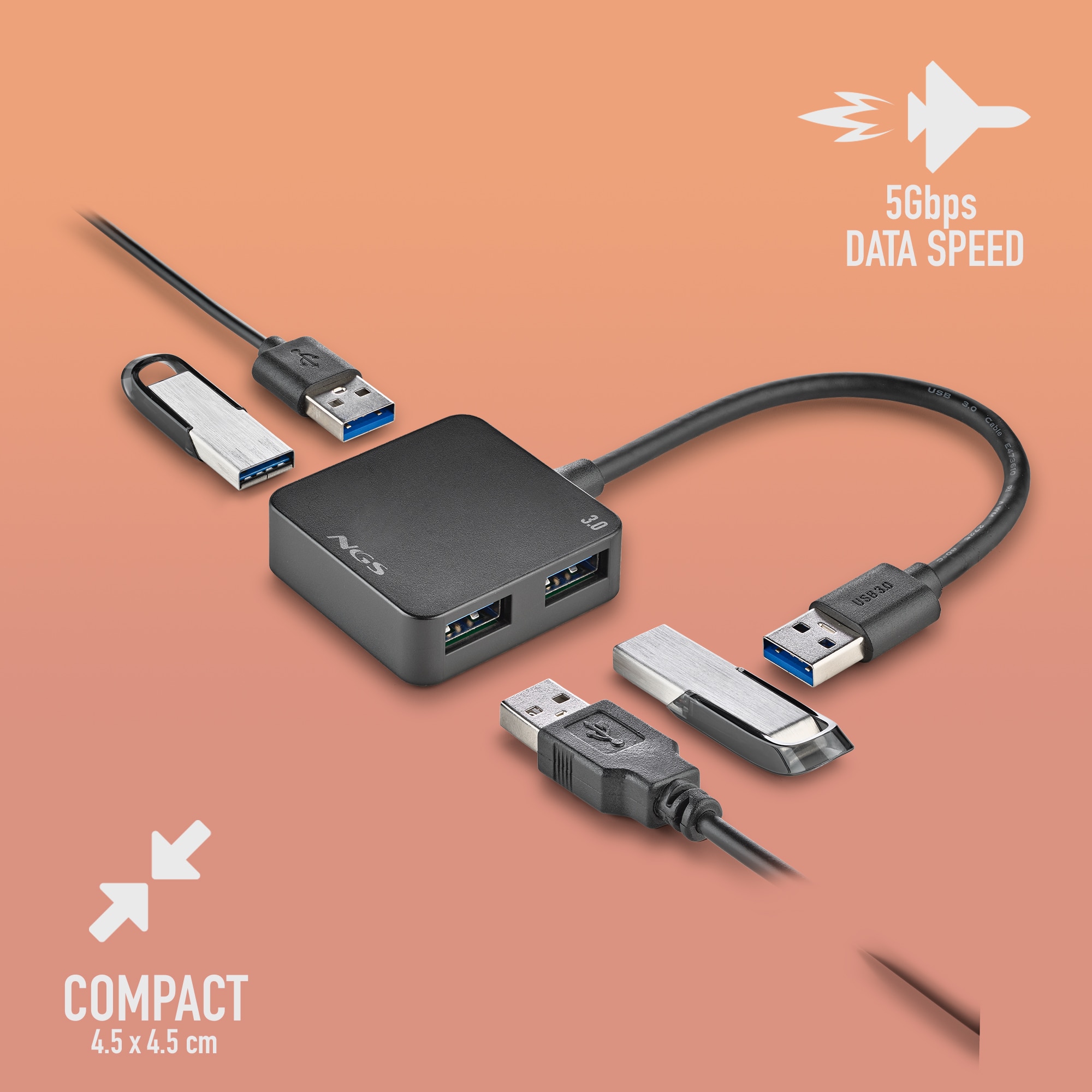 Hub de NGS IHUB 3.0 TINY 4 puertos USBVelocidad de transferencia 5Gbps cable: 180mm - Negro Negro-2