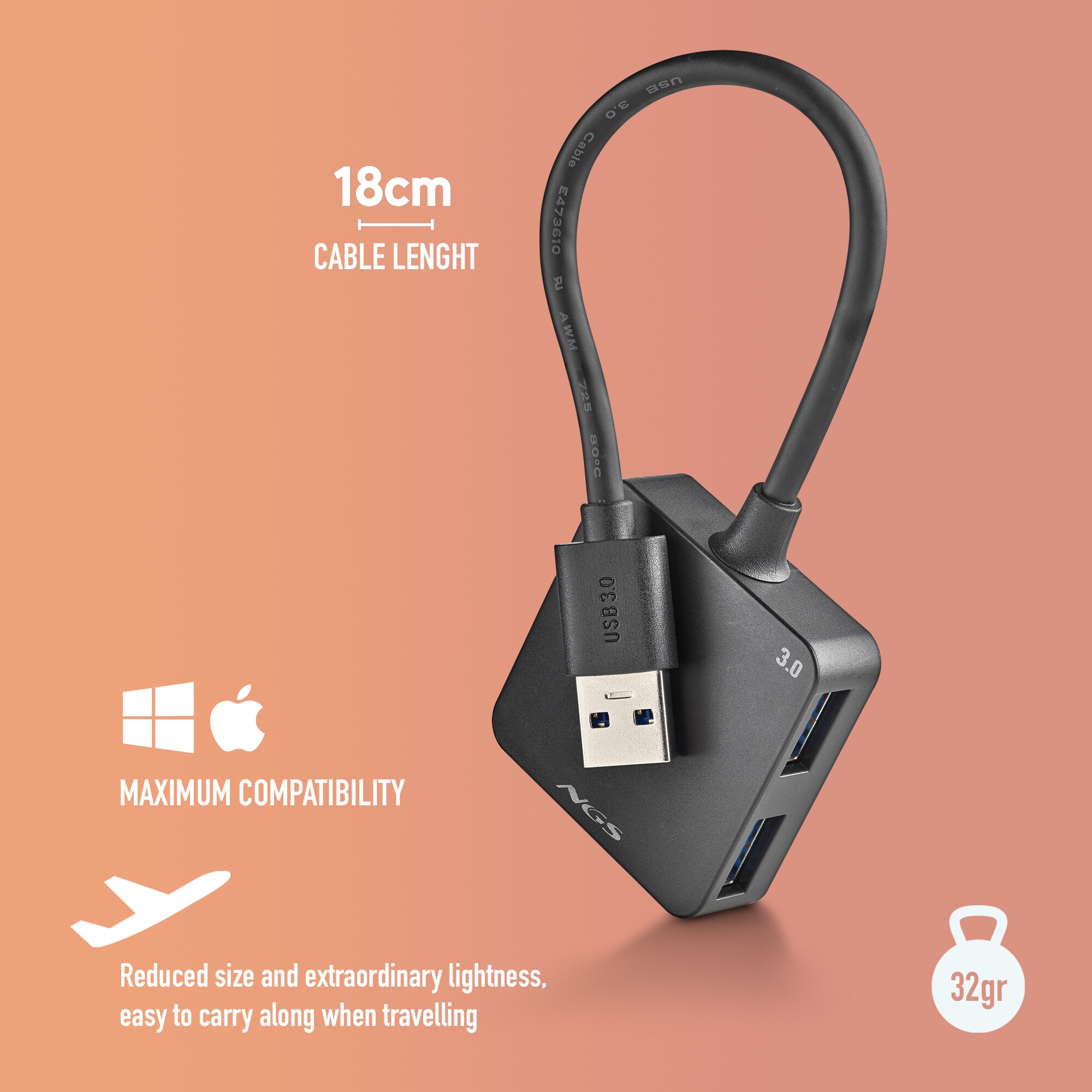 Hub de NGS IHUB 3.0 TINY 4 puertos USBVelocidad de transferencia 5Gbps cable: 180mm - Negro Negro-4
