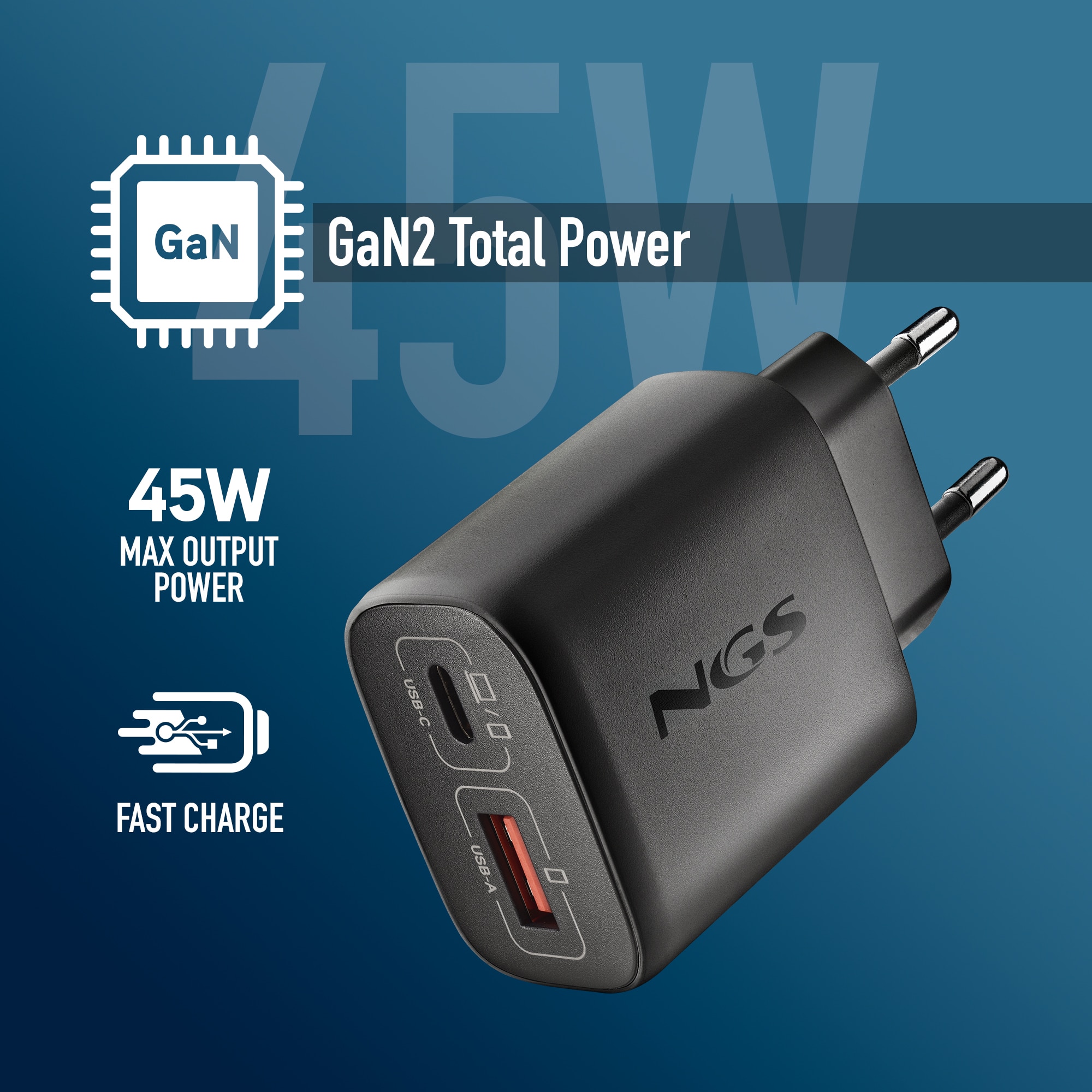 Cargador NGS EON 45W BLACK Gan de pared con una salida usb-c (pd & pps) salida usb-a qc 3.0 de 45w de potencia máxima - Negro Negro-2