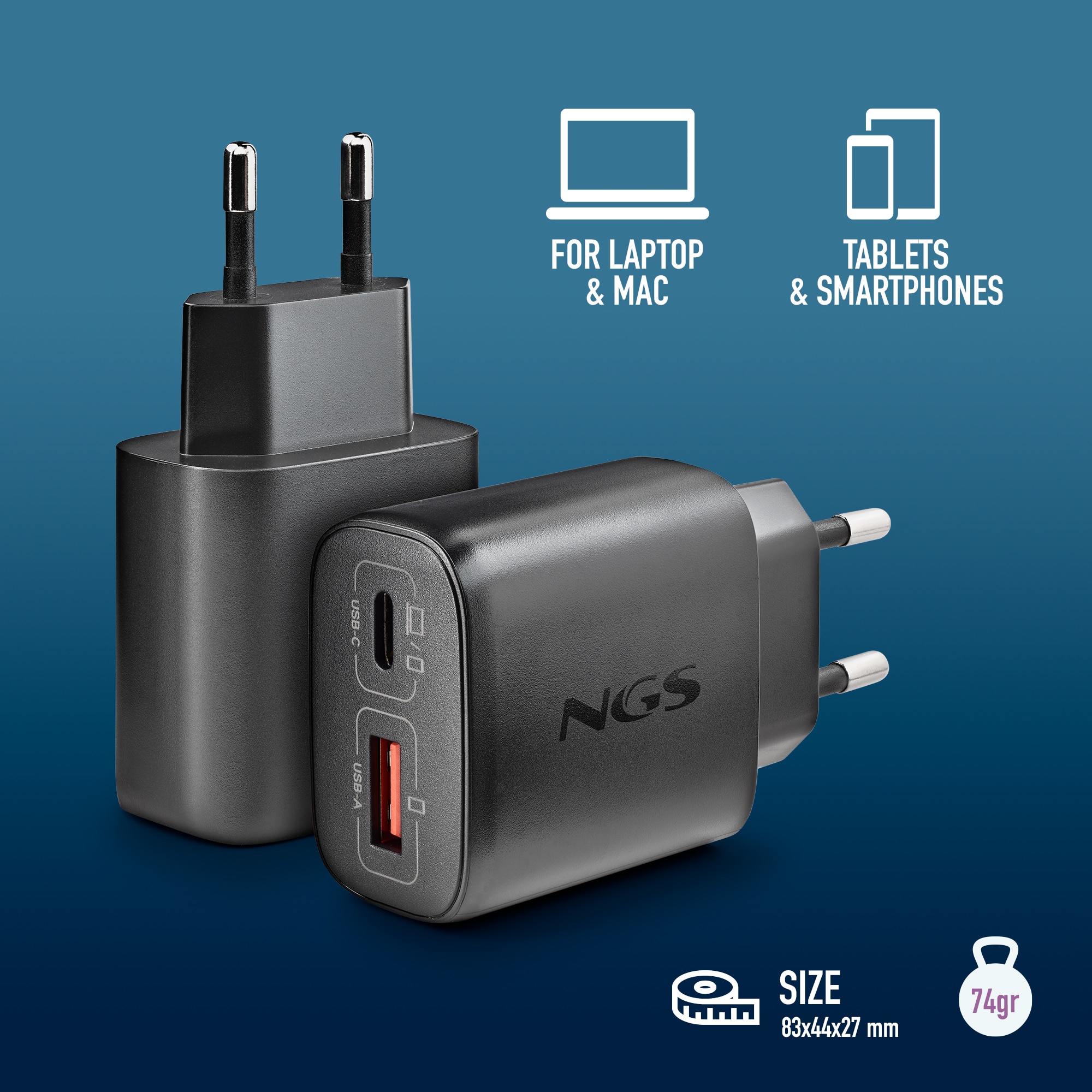 Cargador NGS EON 45W BLACK Gan de pared con una salida usb-c (pd & pps) salida usb-a qc 3.0 de 45w de potencia máxima - Negro Negro-6
