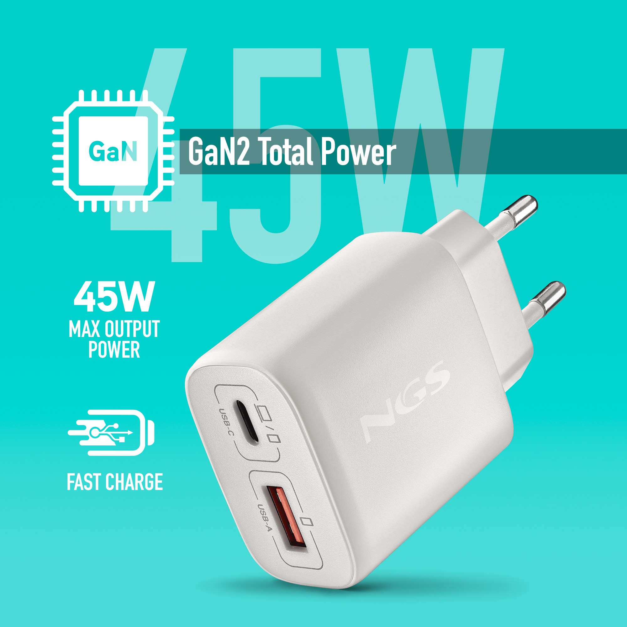 Cargador NGS EON 45W WHITE gan de pared con una salida usb-c (pd & pps) salida usb-a qc 3.0 de 45w de potencia máxima - Blanco Blanco-2