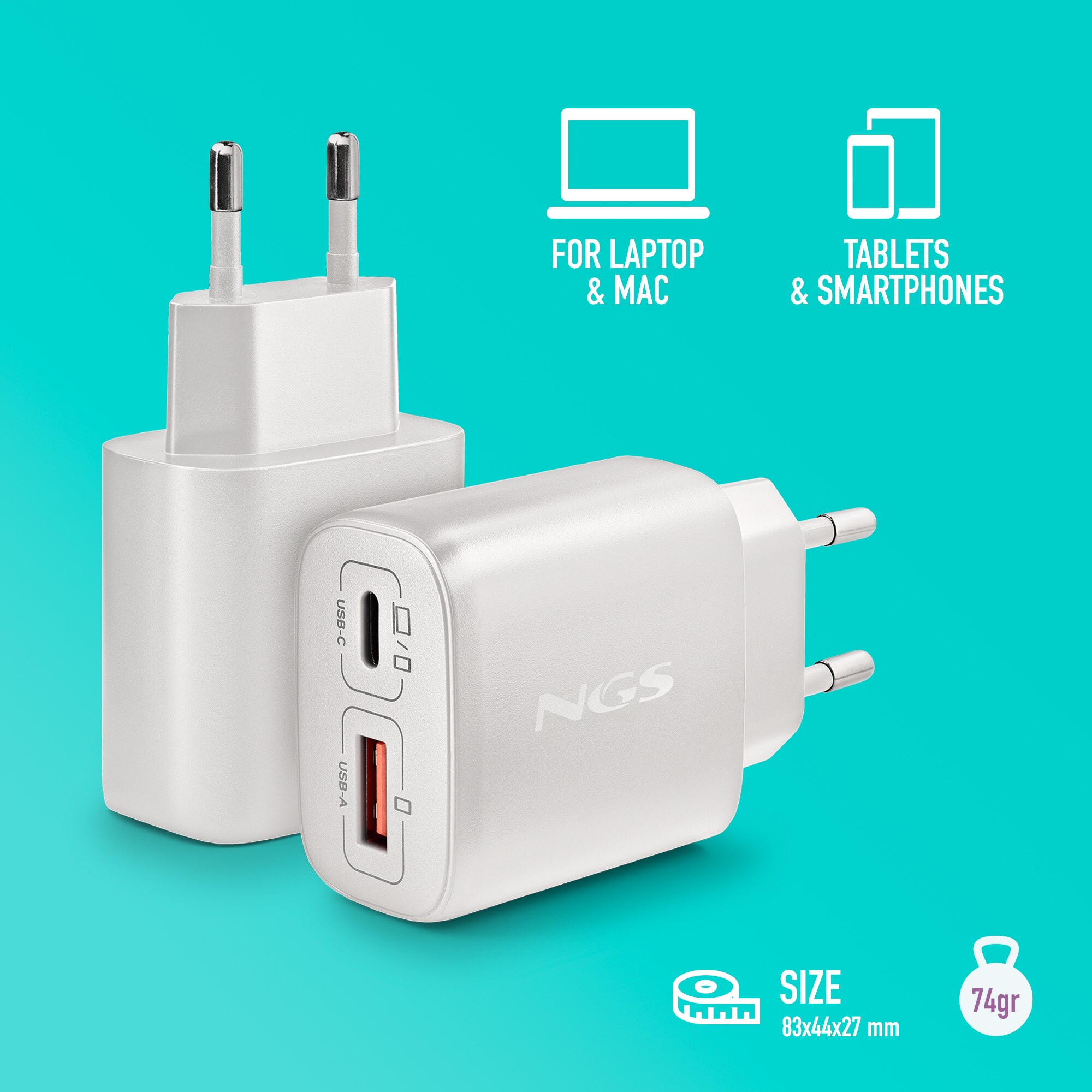 Cargador NGS EON 45W WHITE gan de pared con una salida usb-c (pd & pps) salida usb-a qc 3.0 de 45w de potencia máxima - Blanco Blanco-6