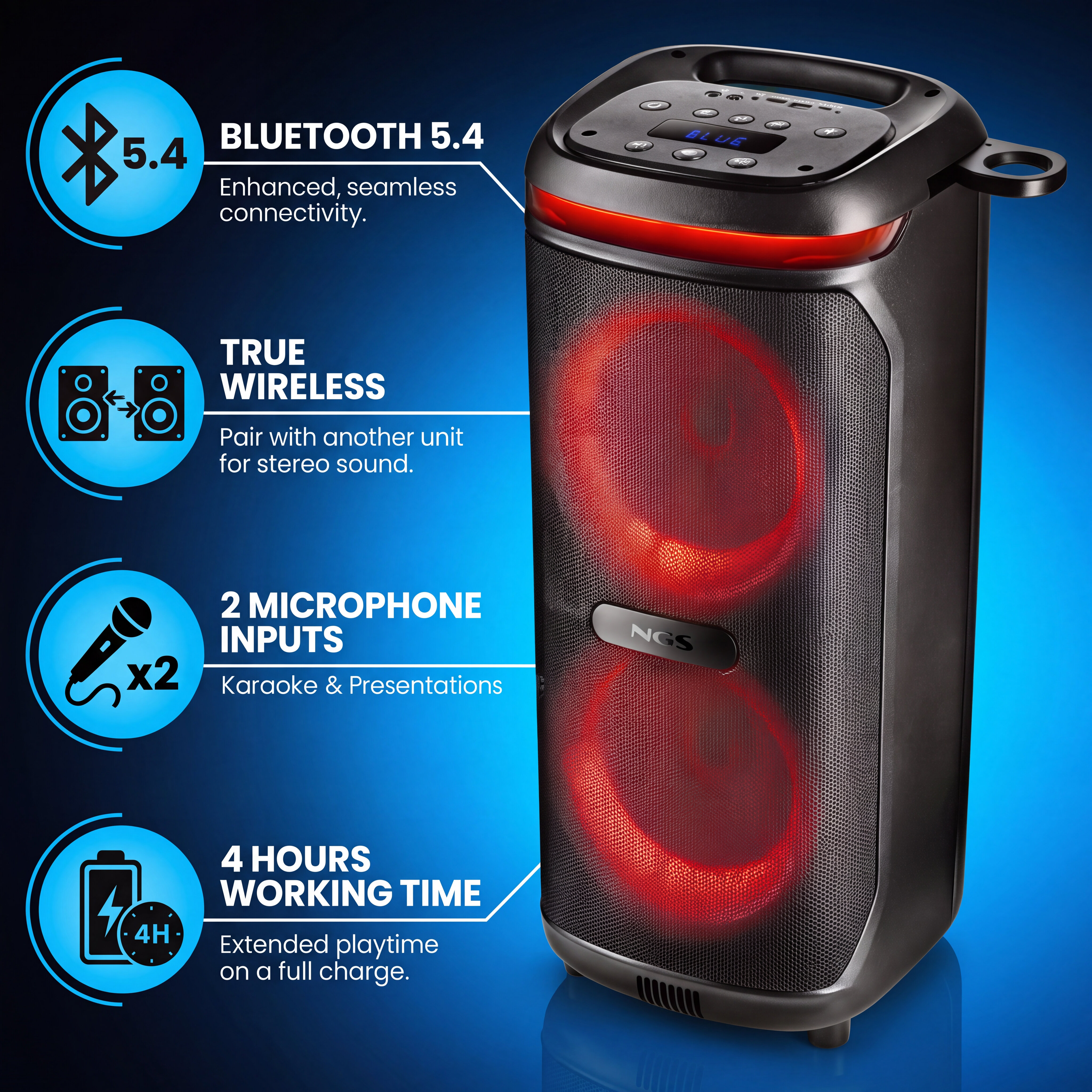 Imagen 2 de Altavoz portátil 400W Wild Glam NGS Compatible con Bluetooth/TWS/ USB & TF/ AUX IN. Batería recargable. 4H autonomía. Luces LED. - Negro Negro