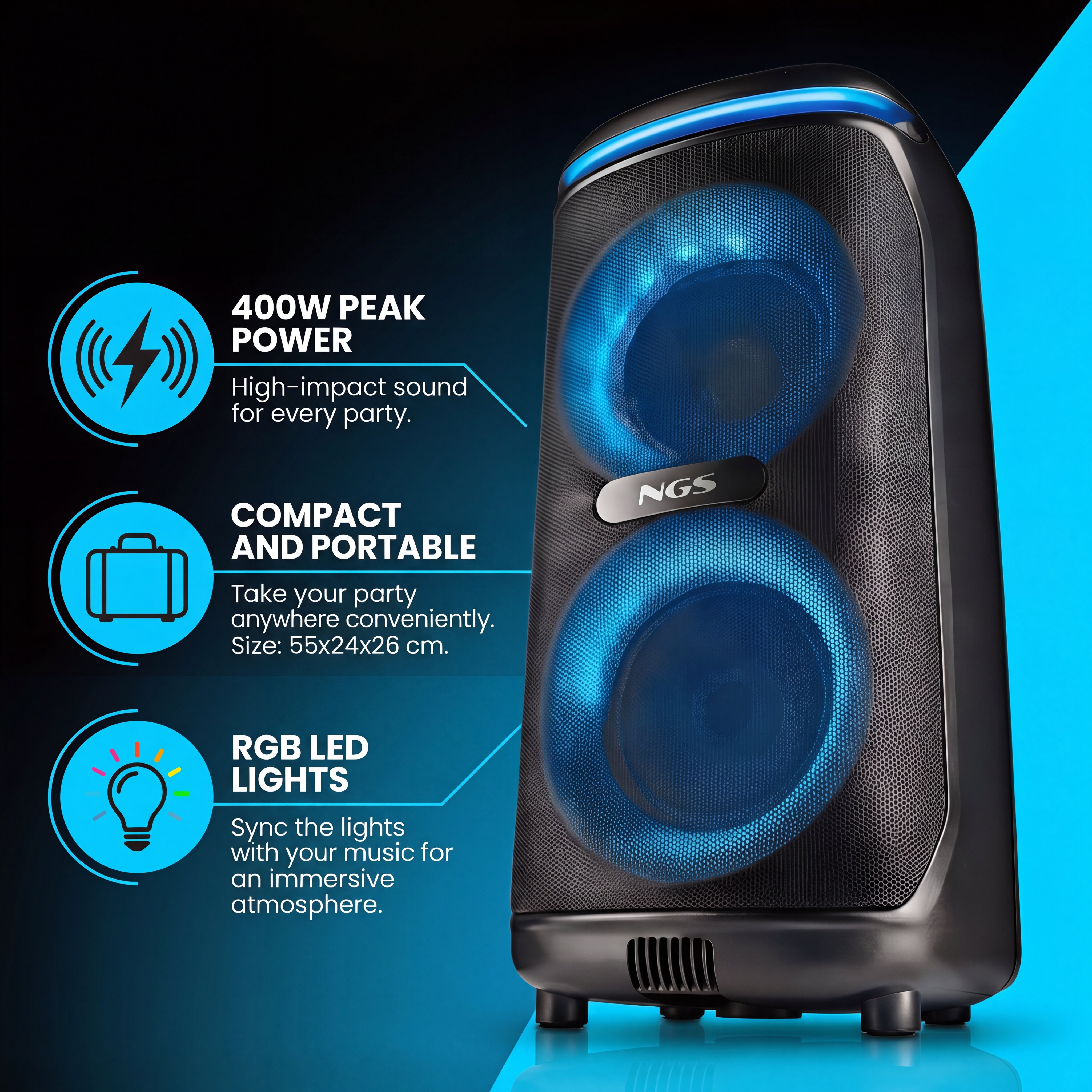 Imagen 4 de Altavoz portátil 400W Wild Glam NGS Compatible con Bluetooth/TWS/ USB & TF/ AUX IN. Batería recargable. 4H autonomía. Luces LED. - Negro Negro