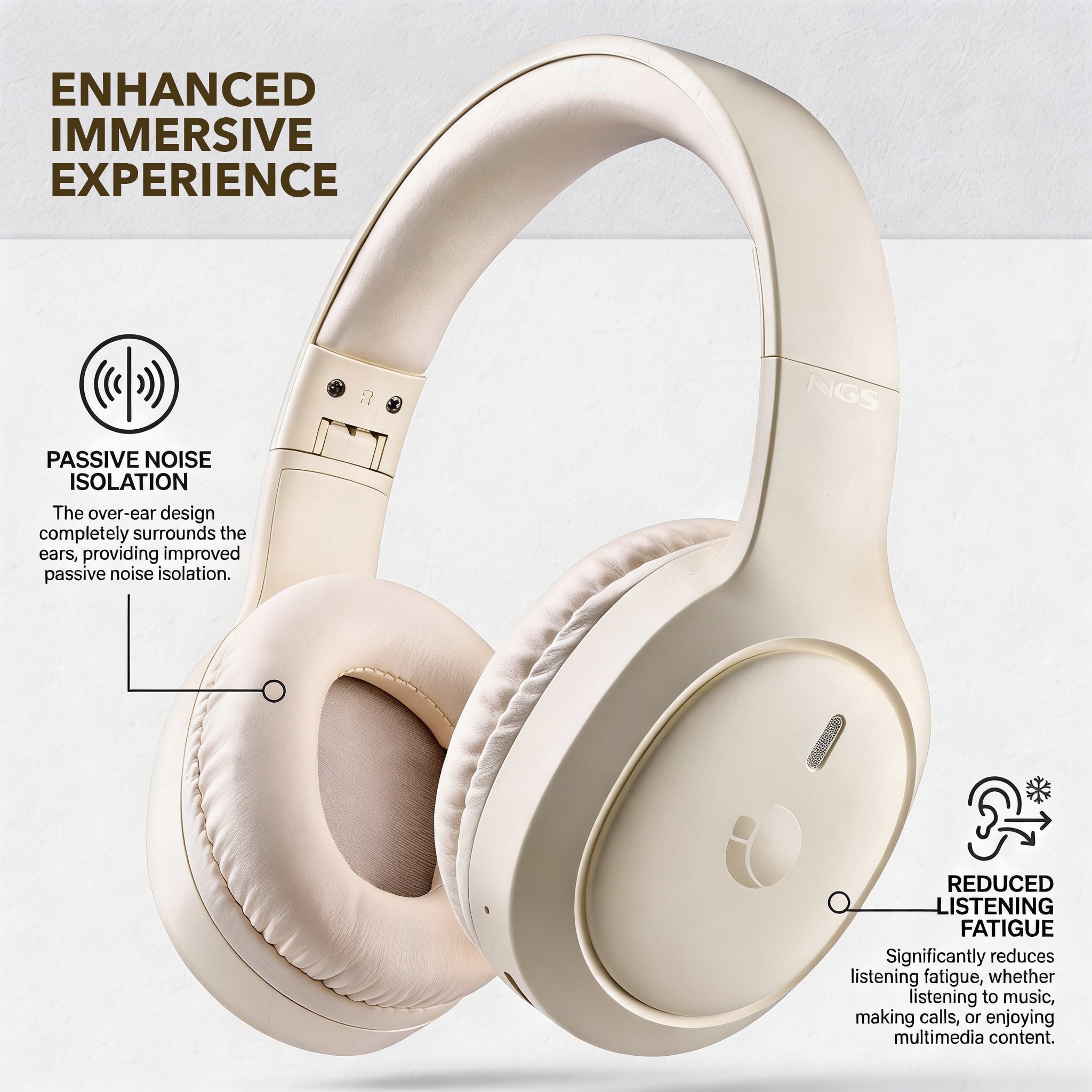 Auriculares de diadema NGS ARTICA TEMPEST con 80h de autonomía y bateria extraible - Beige Beige-4