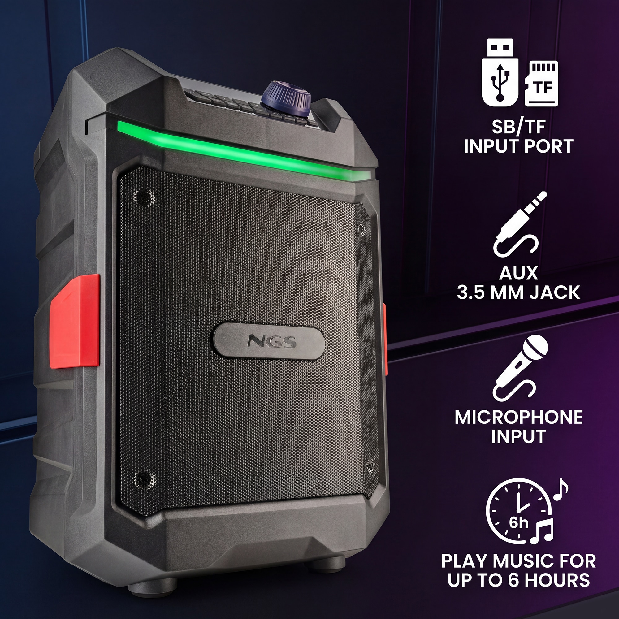 Imagen 4 de Altavoz portátil de 200W Wild Bash Compact NGS. Compatible con tec. Bluetooth. Función TWS. USB/AUX. Batería recargable, IPX6. - Negro Negro