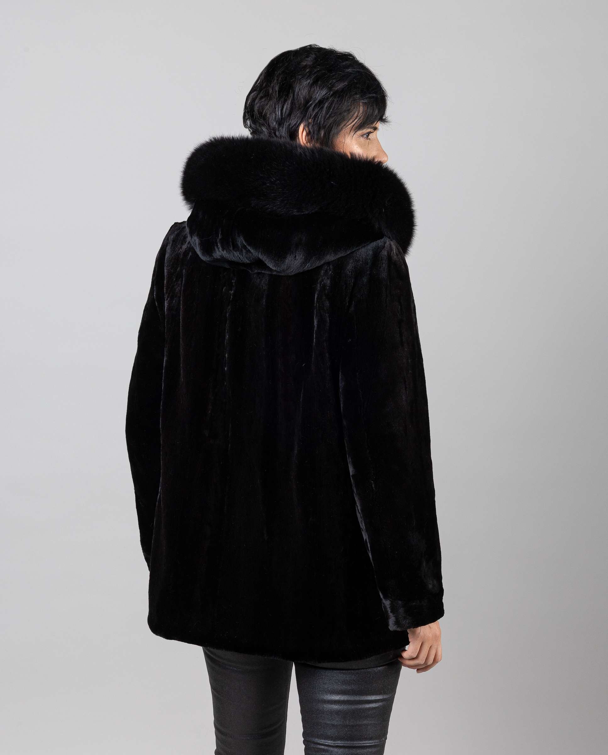 Trenca de mujer de pelo de visón rasado con capucha de zorro - De la Roca - Negro Negro-2