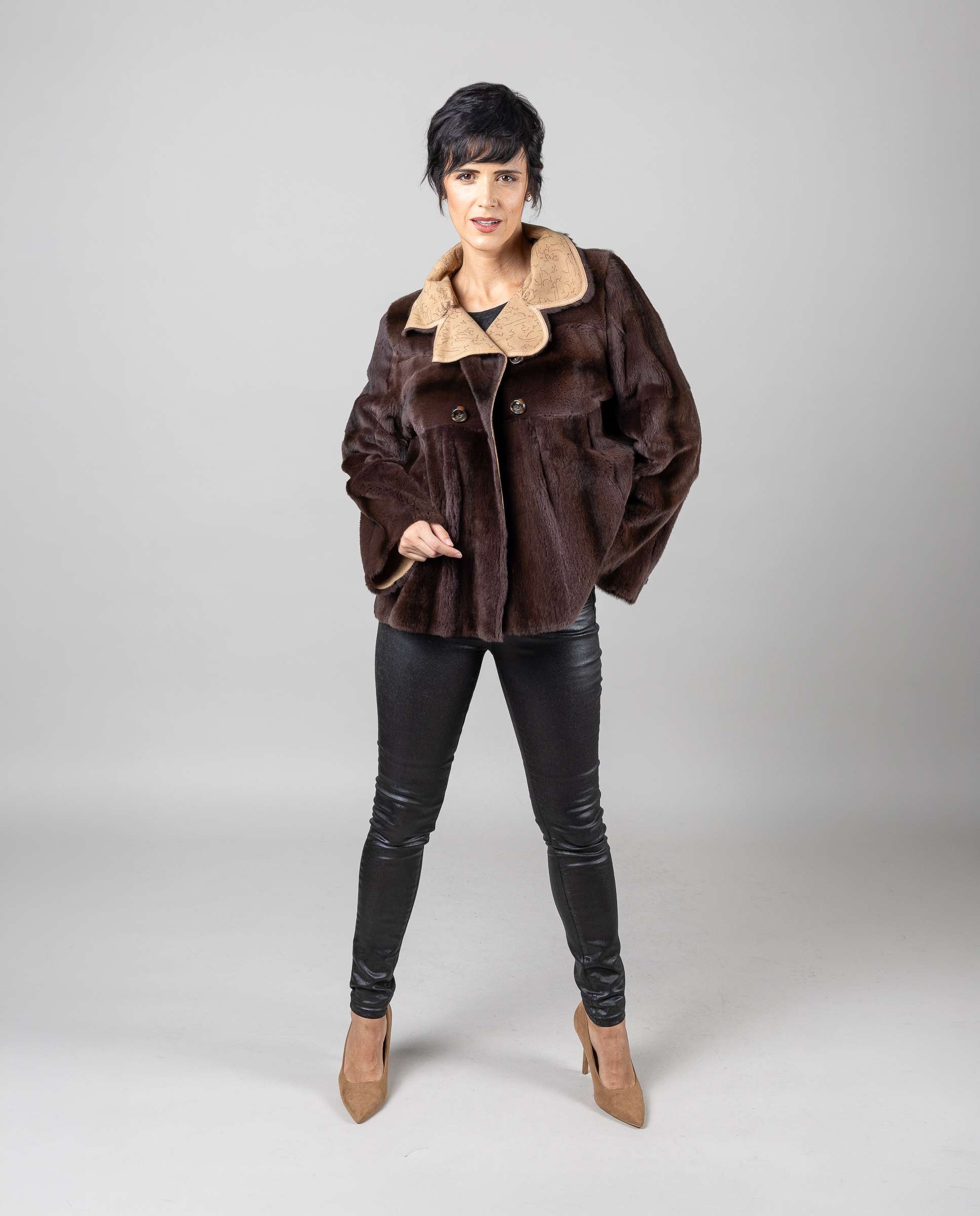 Chaqueta de mujer de pelo de visón despinzado reversible con cuello italiano - De la Roca - Marrón Marrón-2