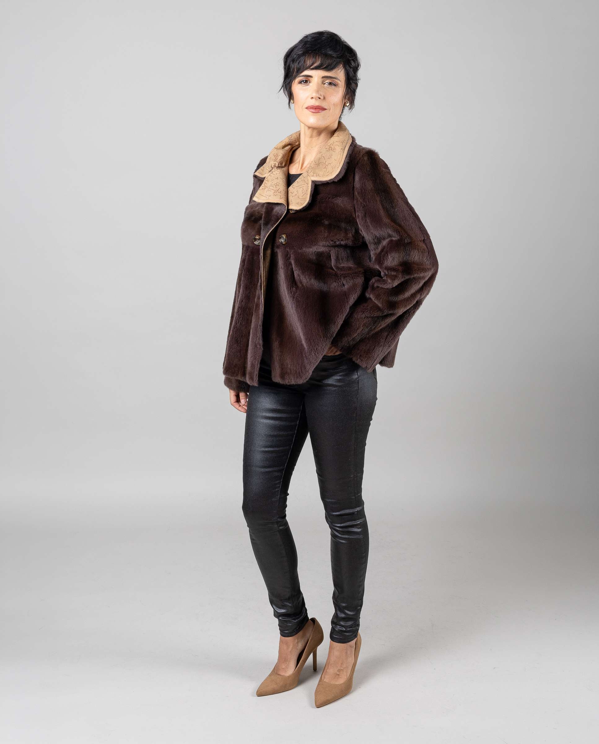 Chaqueta de mujer de pelo de visón despinzado reversible con cuello italiano - De la Roca - Marrón Marrón-4