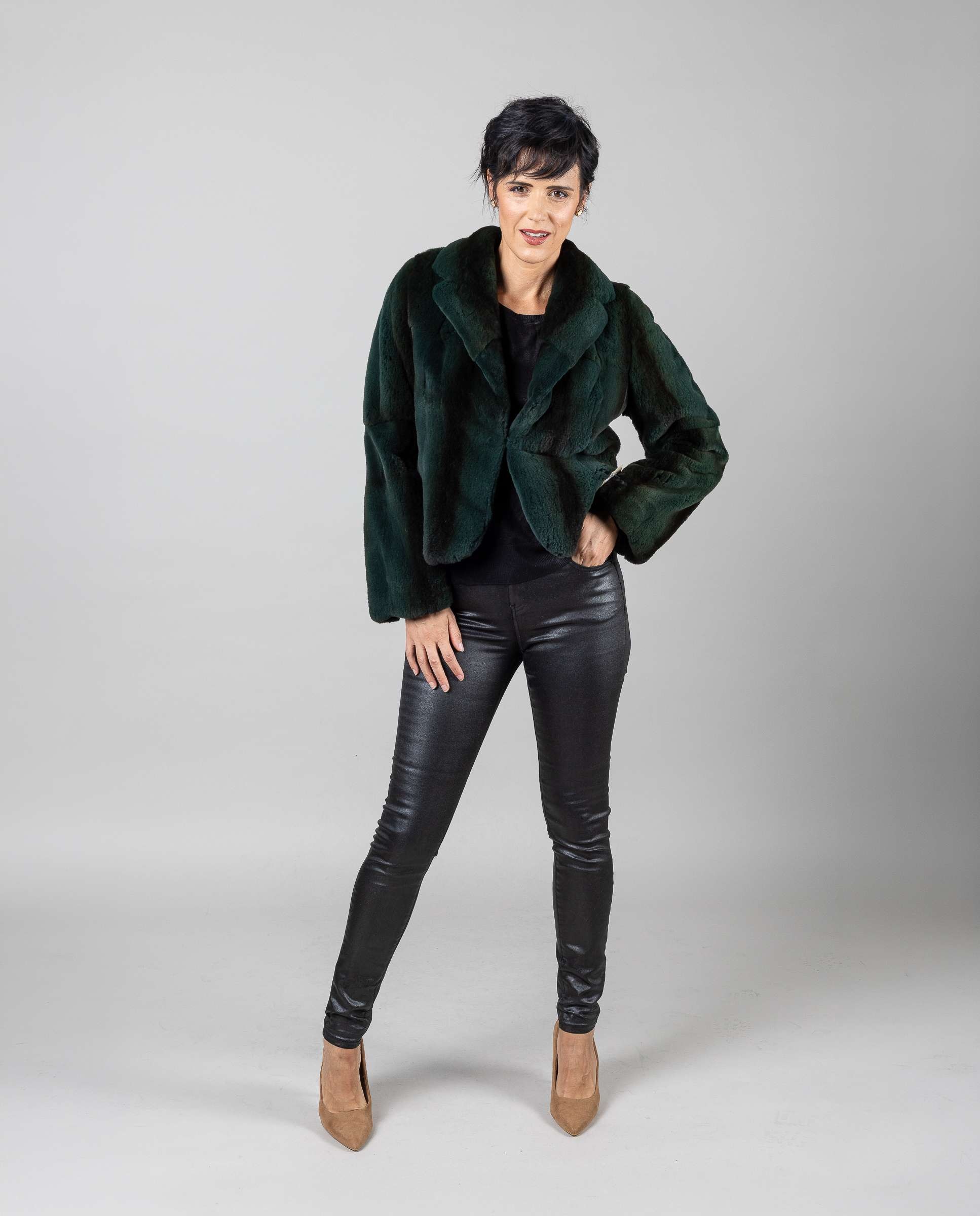 Bolero de mujer de pelo de visón despinzado con cuello de solapa - De la Roca - Verde Verde-4