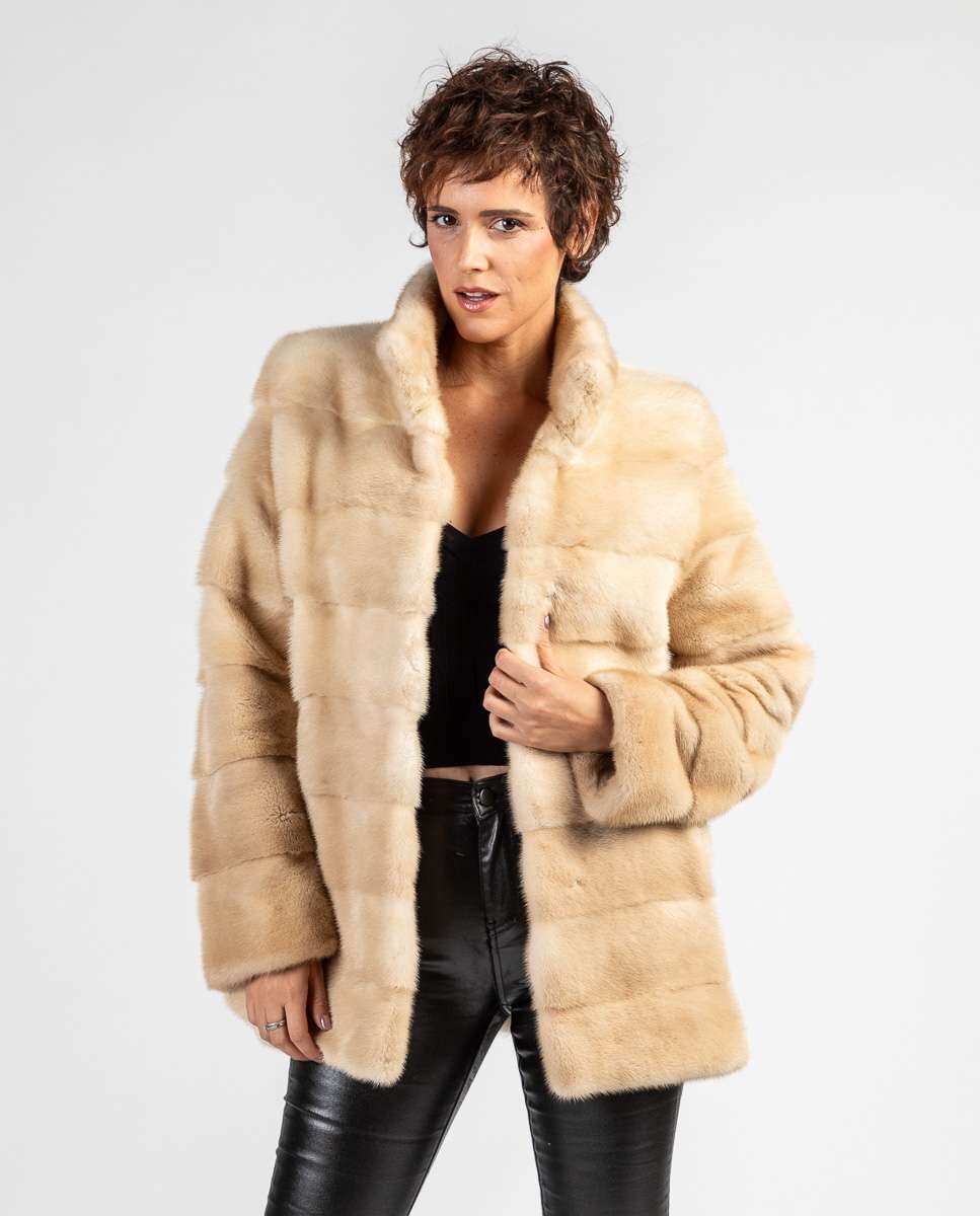 Abrigo de pelo de mujer corto de visón en horizontal - De la Roca - Beige Beige-1